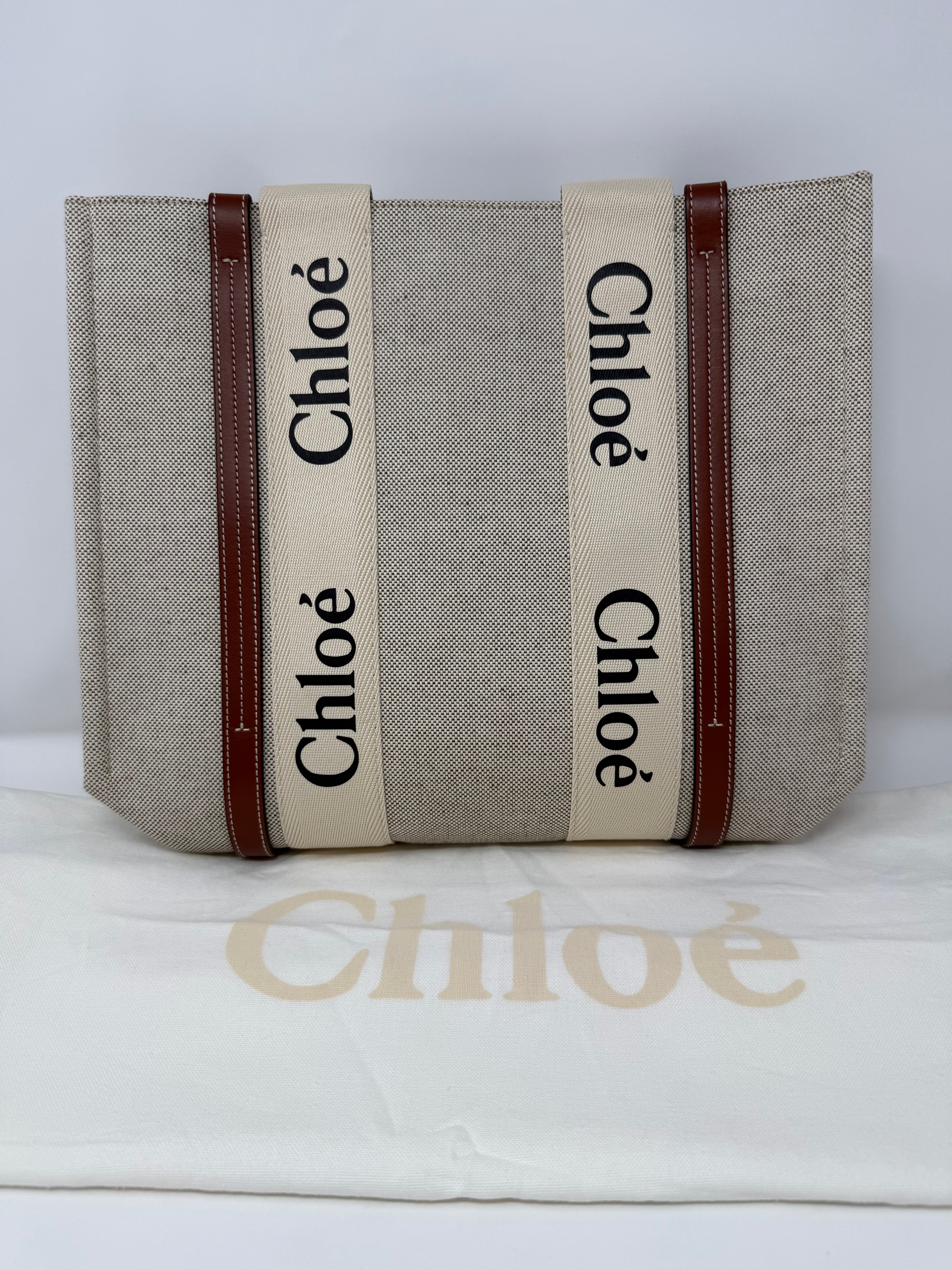 Chloé Medium Woody Tote, White & Brown, Like New