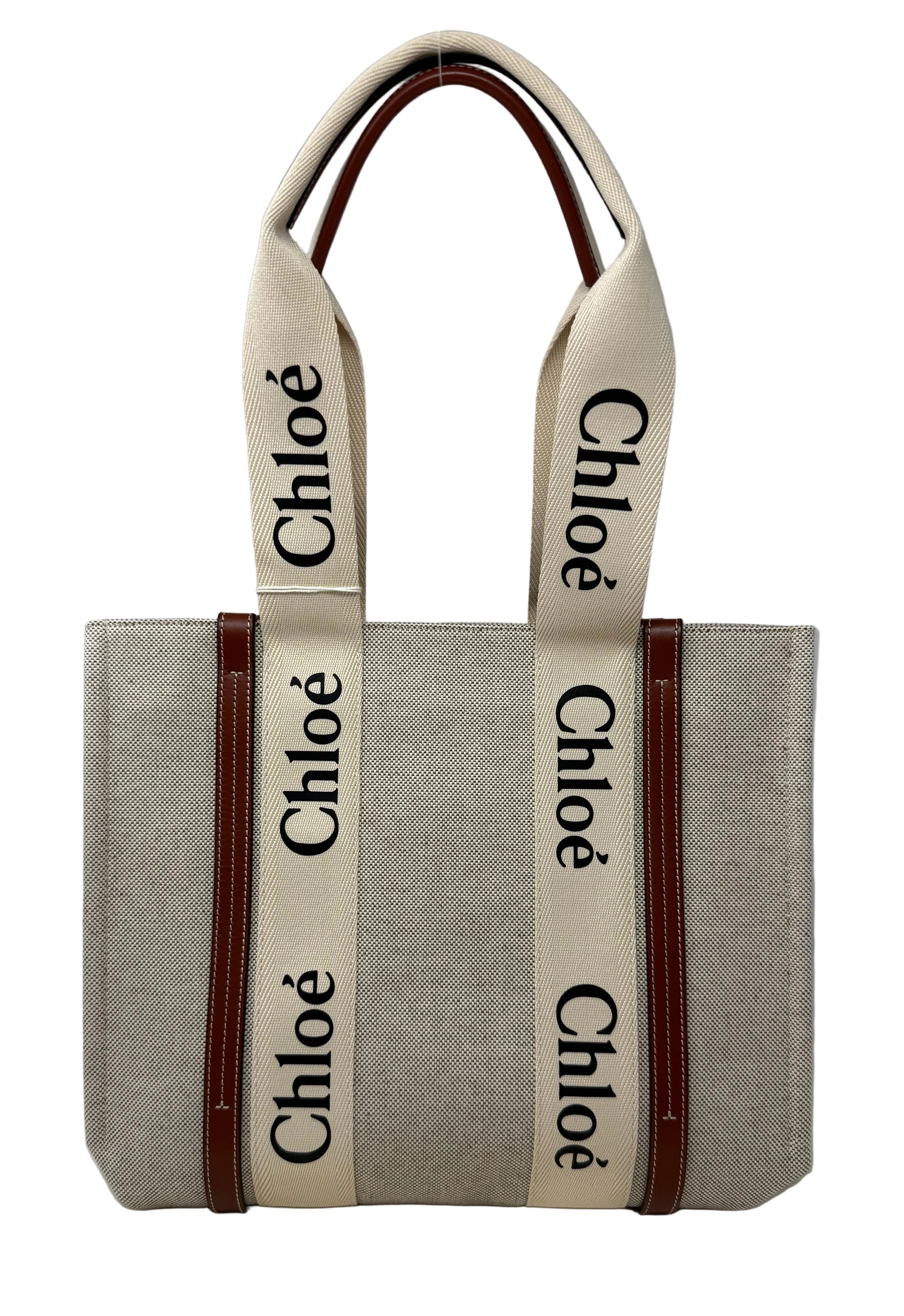Chloé Medium Woody Tote, White & Brown, Like New