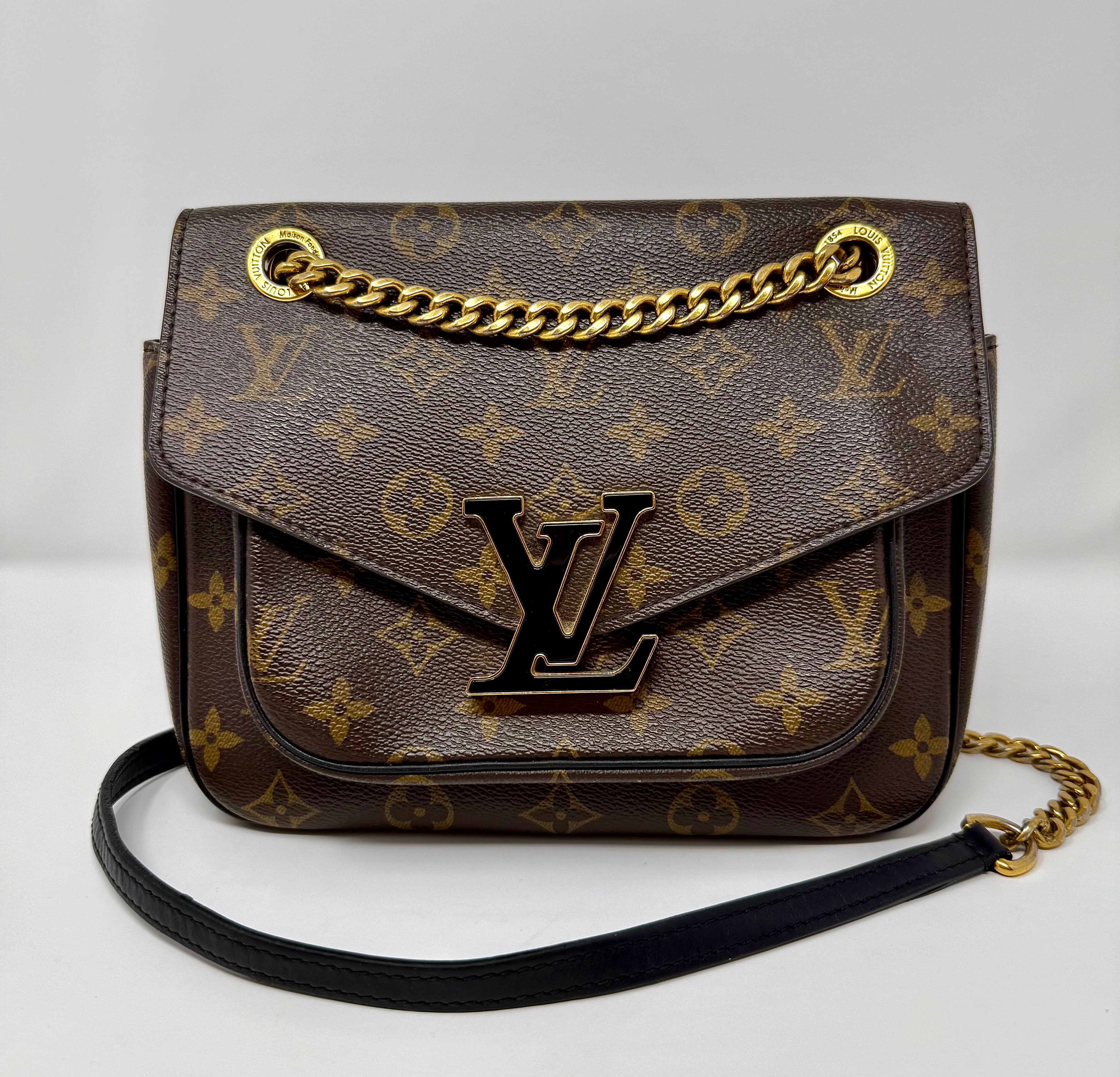 Louis Vuitton Passy – Monogram Canvas, Black Leather Trim, Gold Hardware