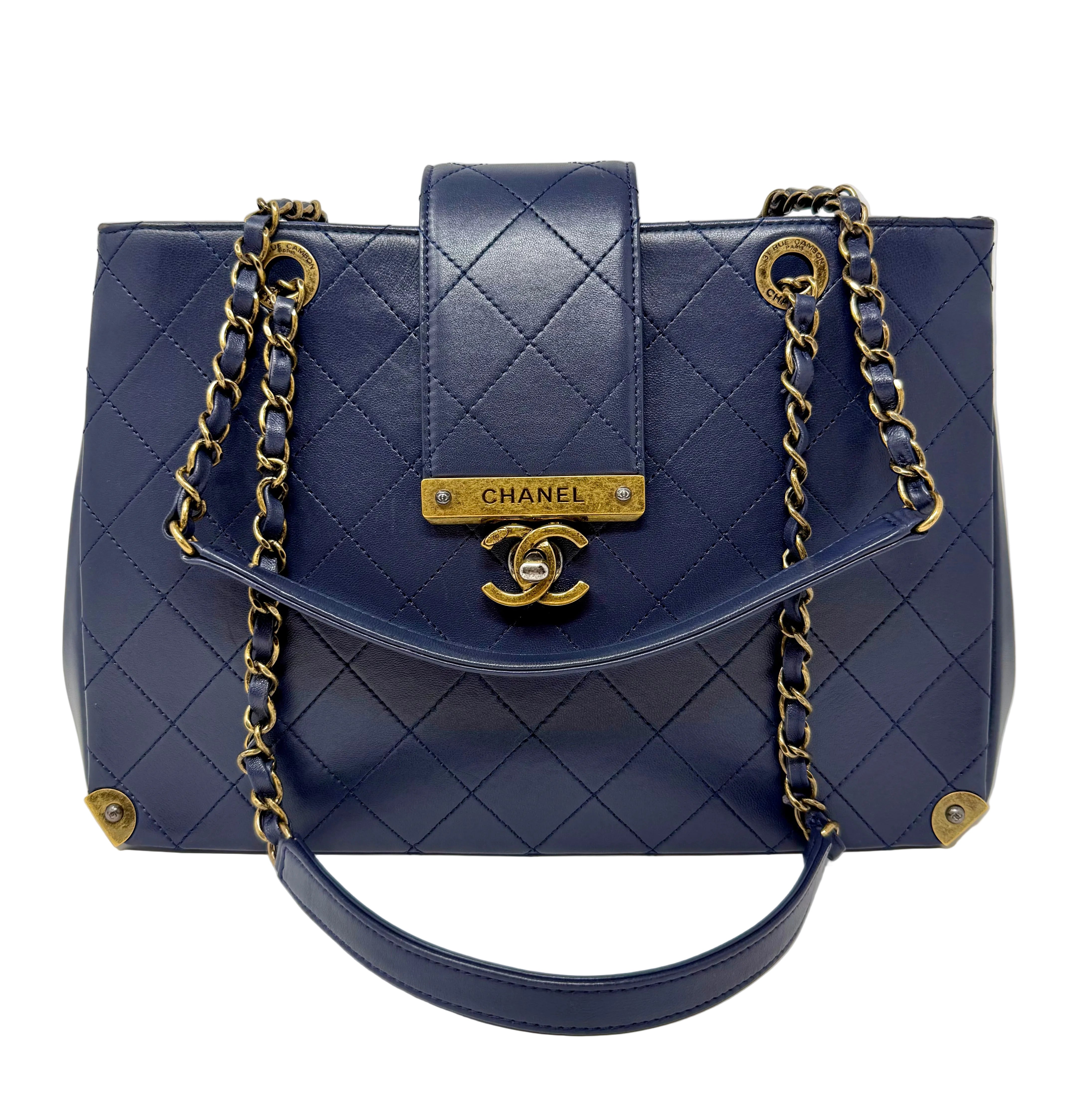 Chanel Around The Corner Quilted Lambskin Tote Bag, Navy