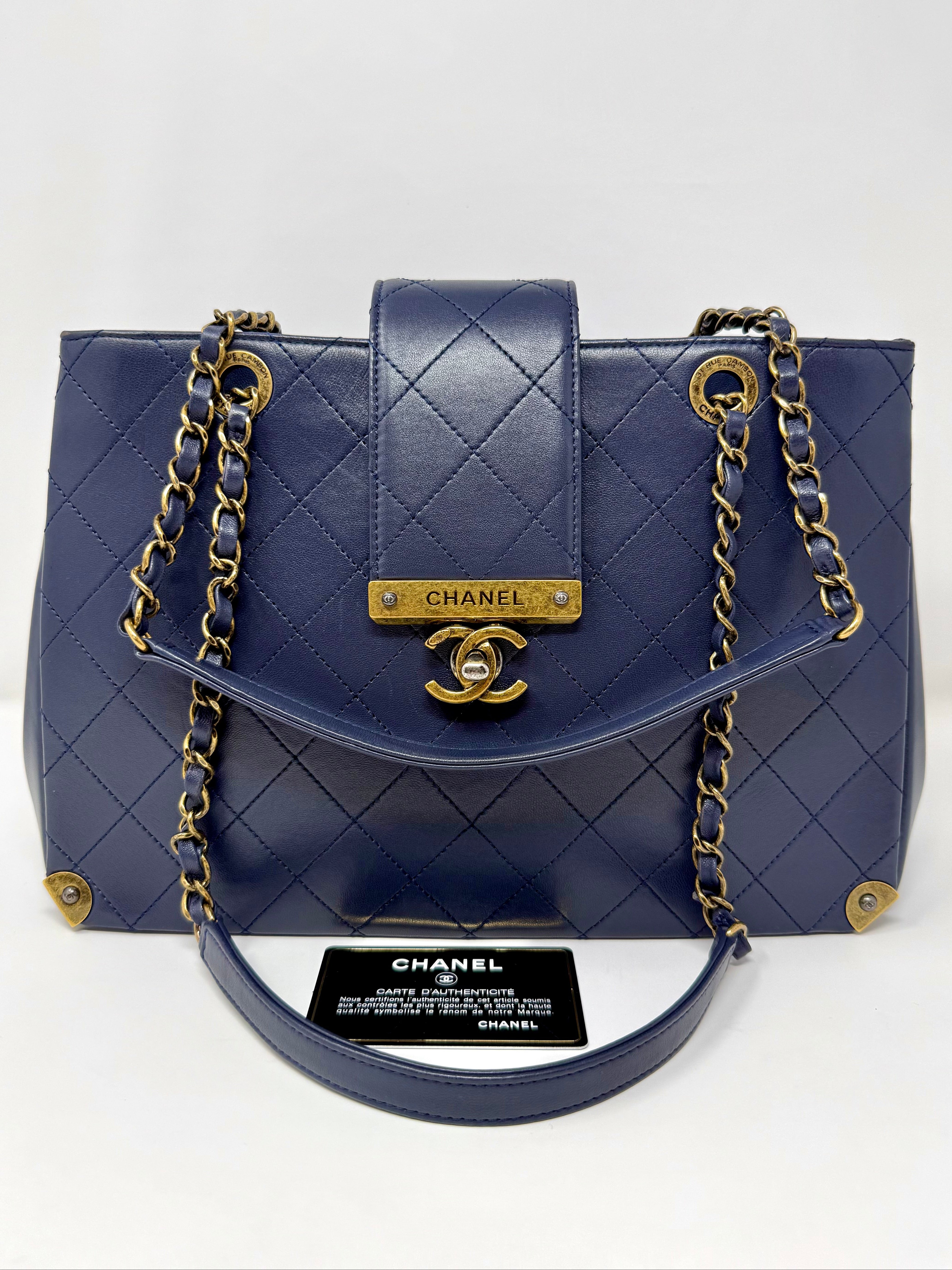Chanel Around The Corner Quilted Lambskin Tote Bag, Navy