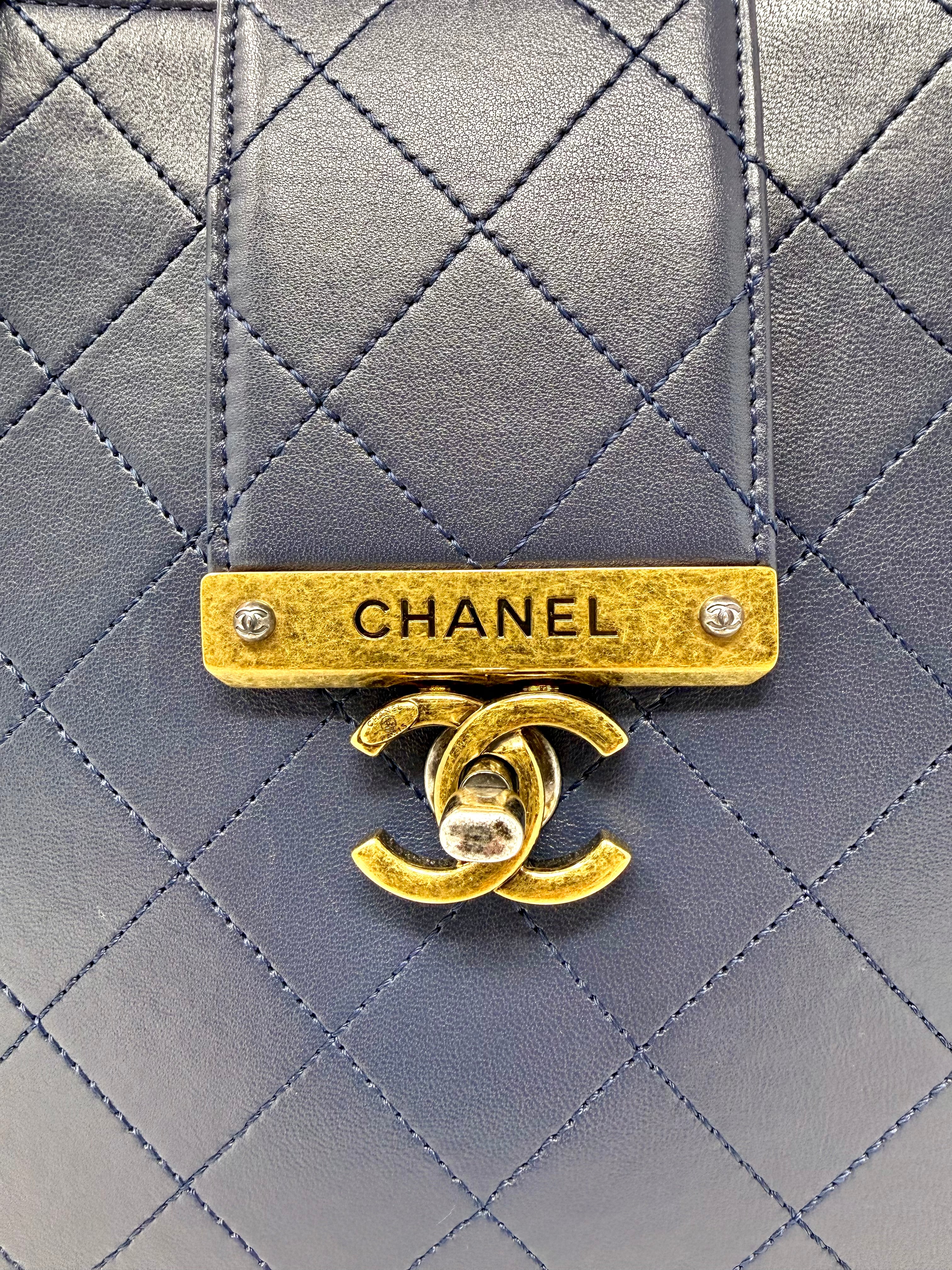 Chanel Around The Corner Quilted Lambskin Tote Bag, Navy