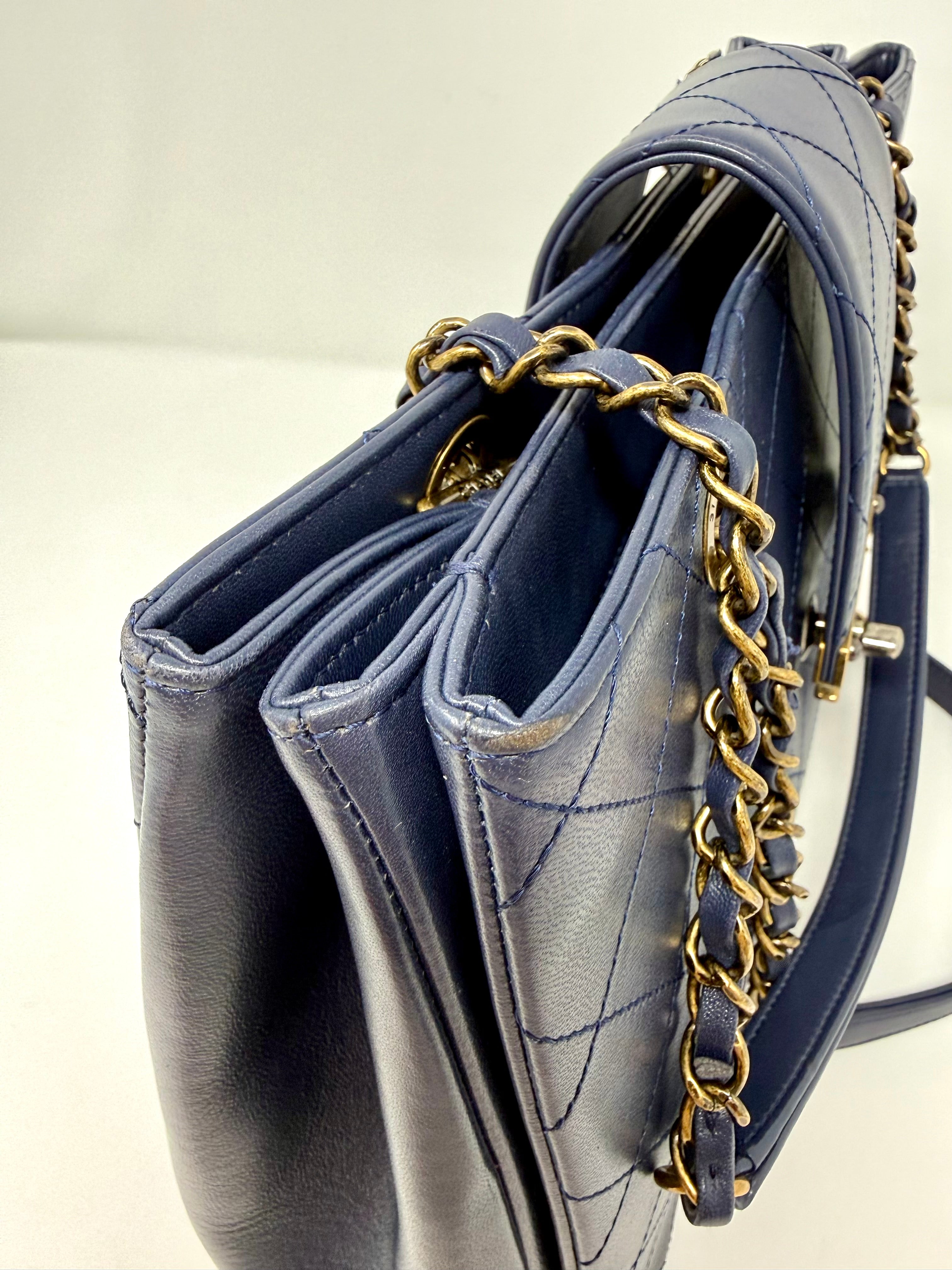 Chanel Around The Corner Quilted Lambskin Tote Bag, Navy
