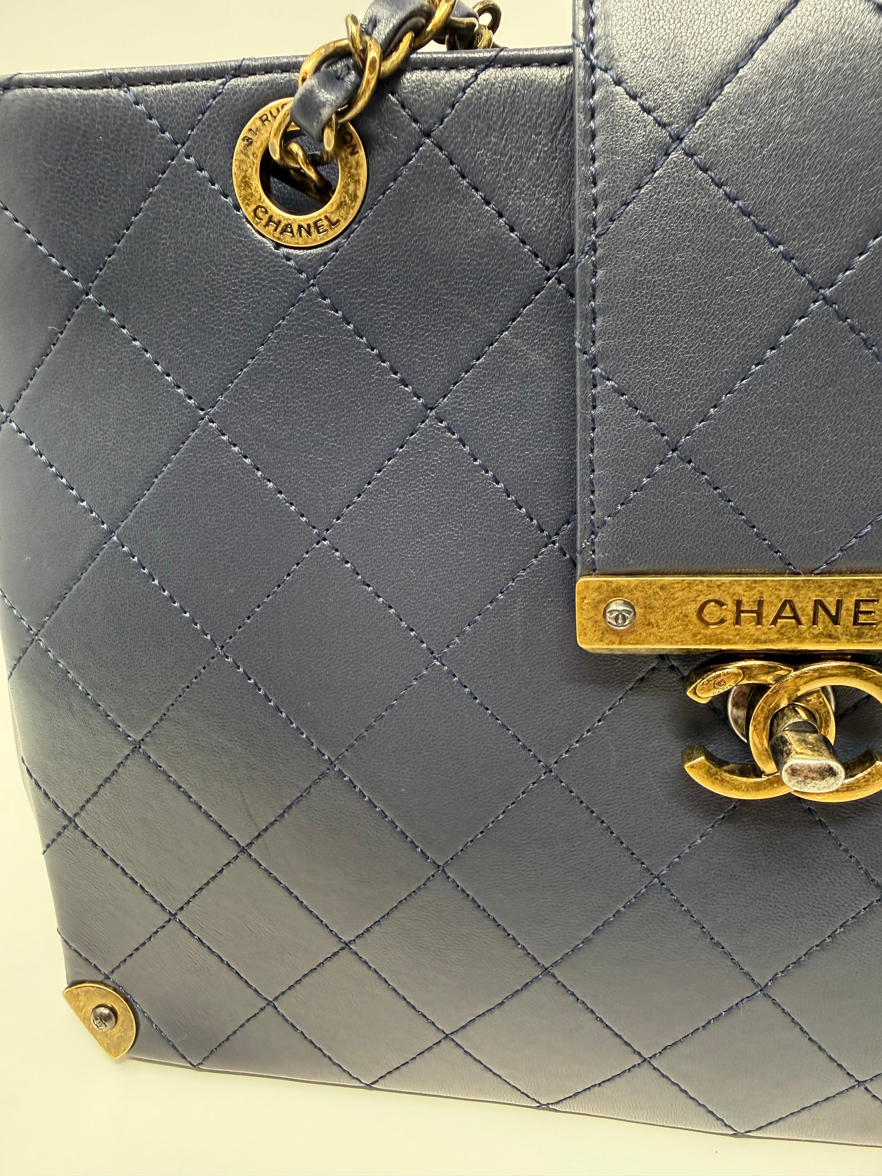 Chanel Around The Corner Quilted Lambskin Tote Bag, Navy