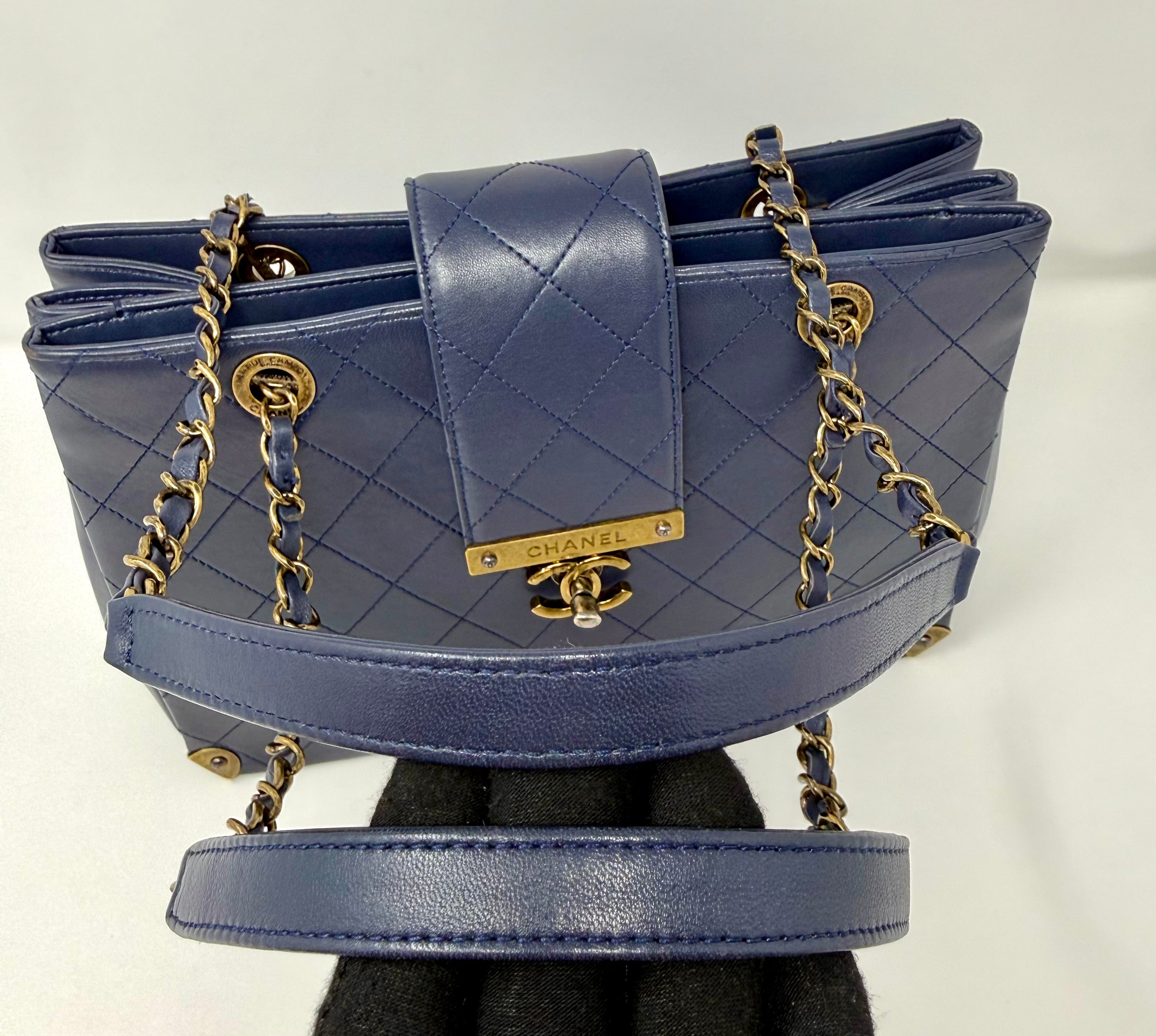 Chanel Around The Corner Quilted Lambskin Tote Bag, Navy
