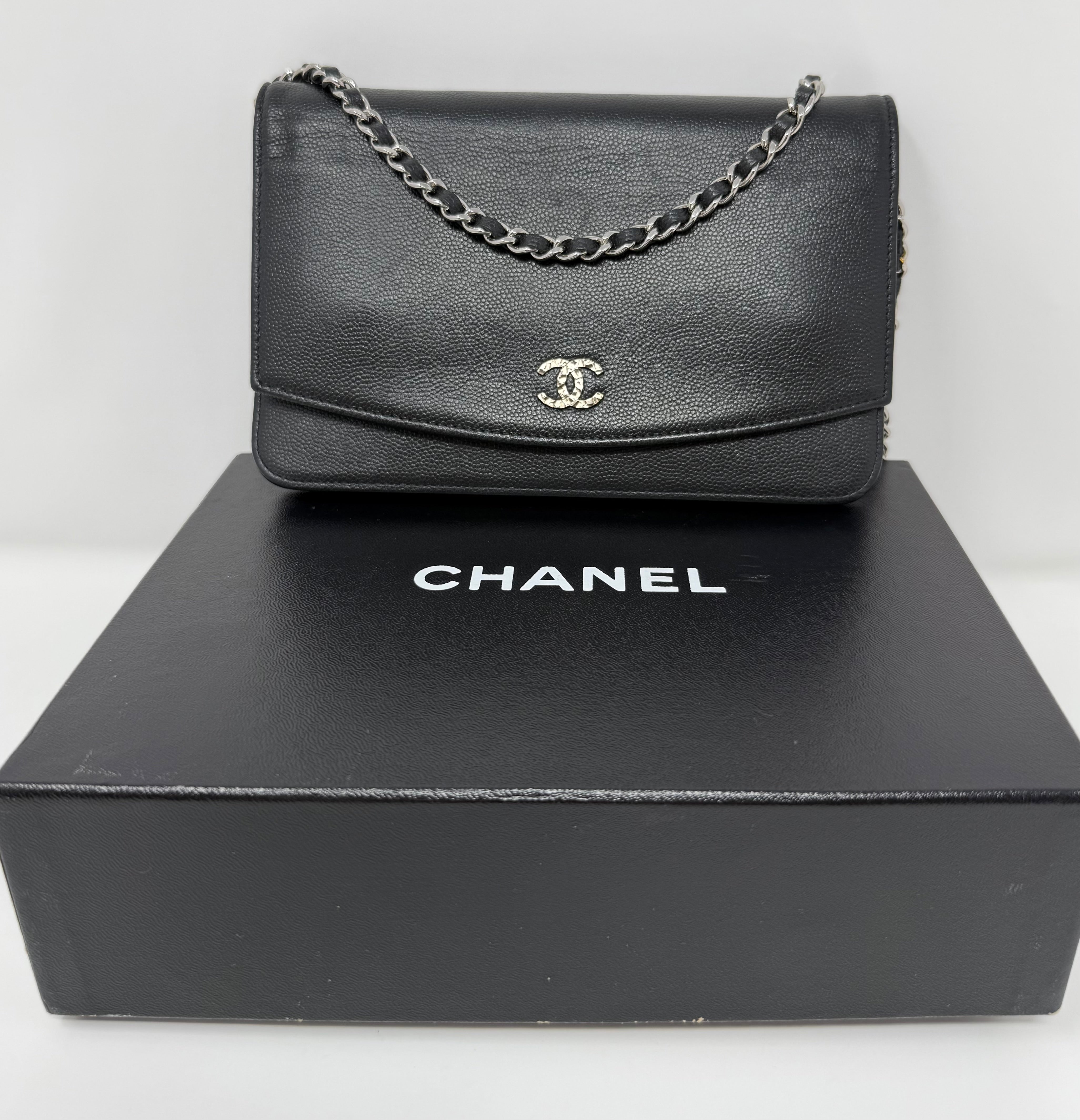 Chanel Sevruga CC Wallet on Chain (WOC) Black Caviar, Silver Hardware - Full Set