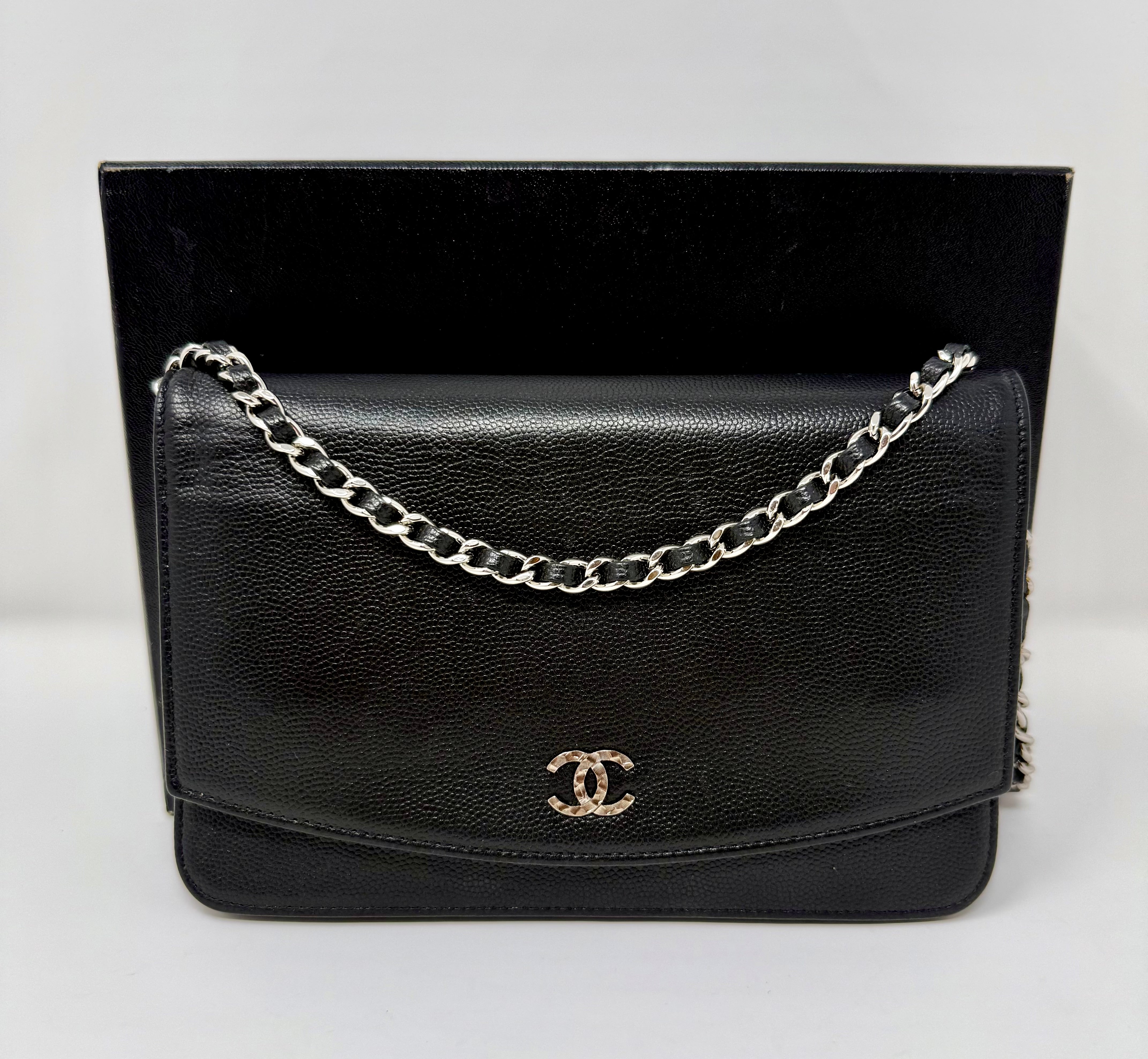 Chanel Sevruga CC Wallet on Chain (WOC) Black Caviar, Silver Hardware - Full Set