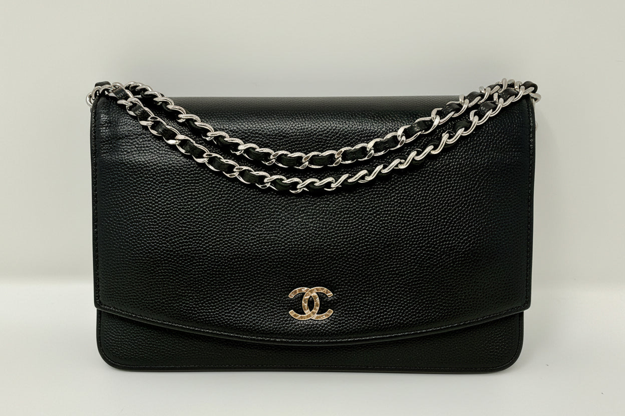 Chanel Sevruga CC Wallet on Chain (WOC) Black Caviar, Silver Hardware - Full Set