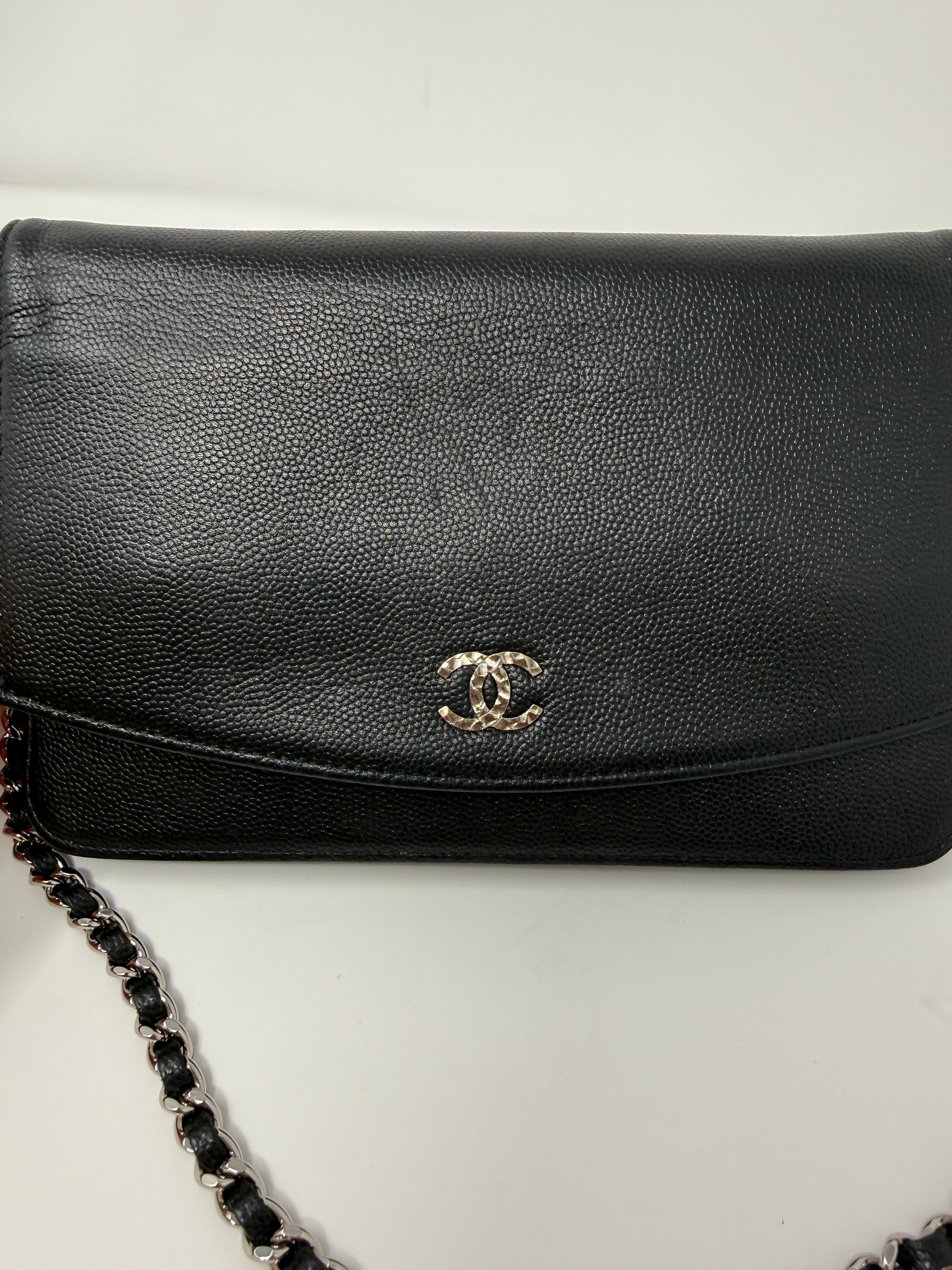 Chanel Sevruga CC Wallet on Chain (WOC) Black Caviar, Silver Hardware - Full Set
