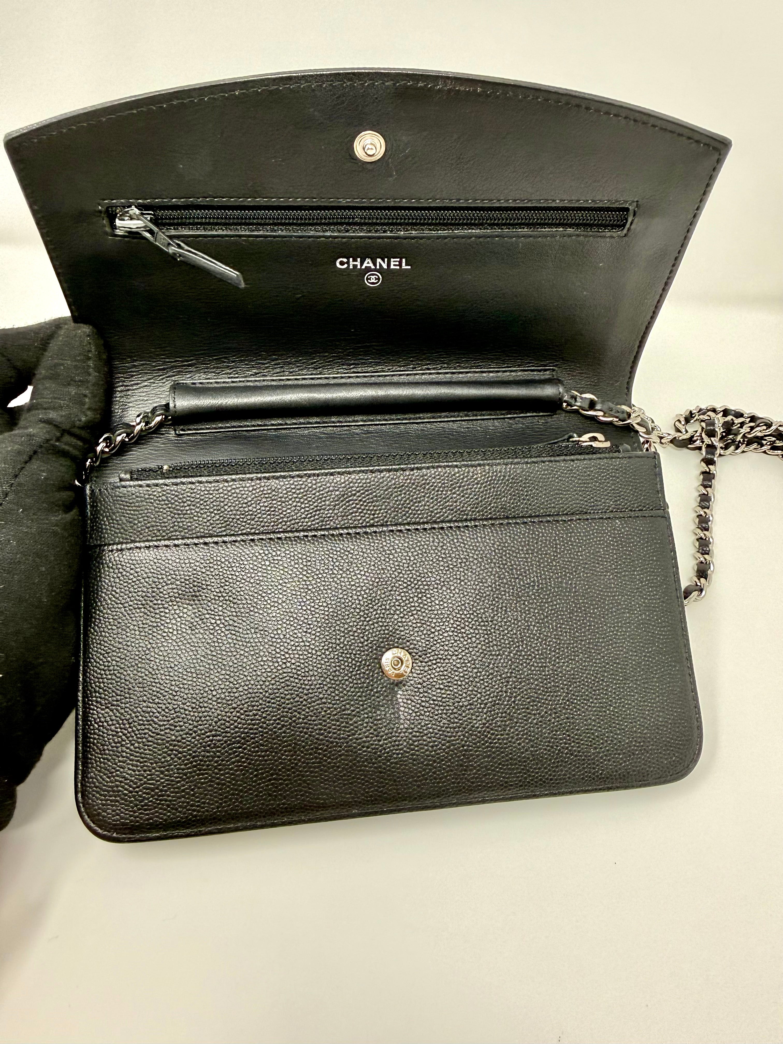 Chanel Sevruga CC Wallet on Chain (WOC) Black Caviar, Silver Hardware - Full Set