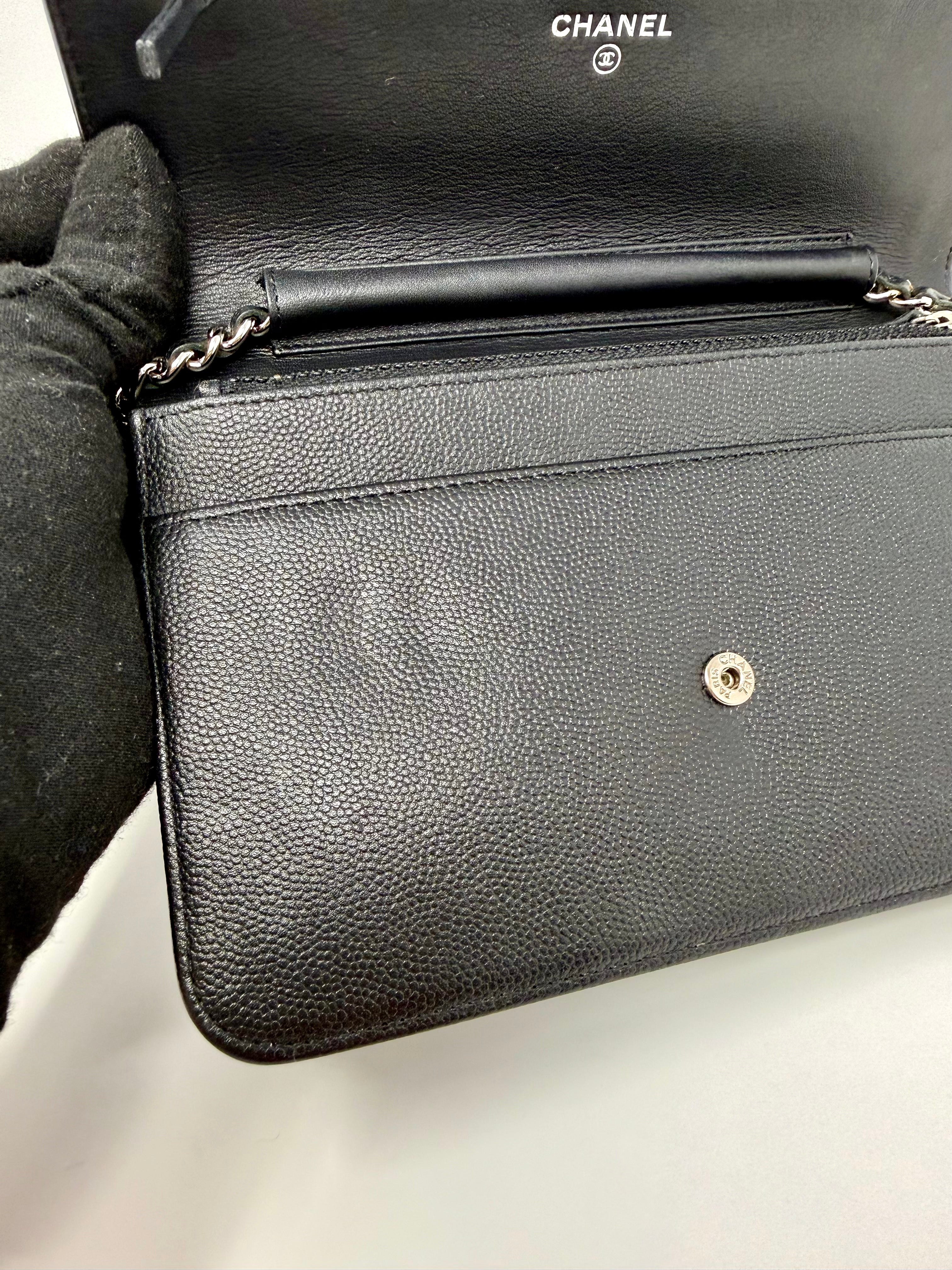 Chanel Sevruga CC Wallet on Chain (WOC) Black Caviar, Silver Hardware - Full Set