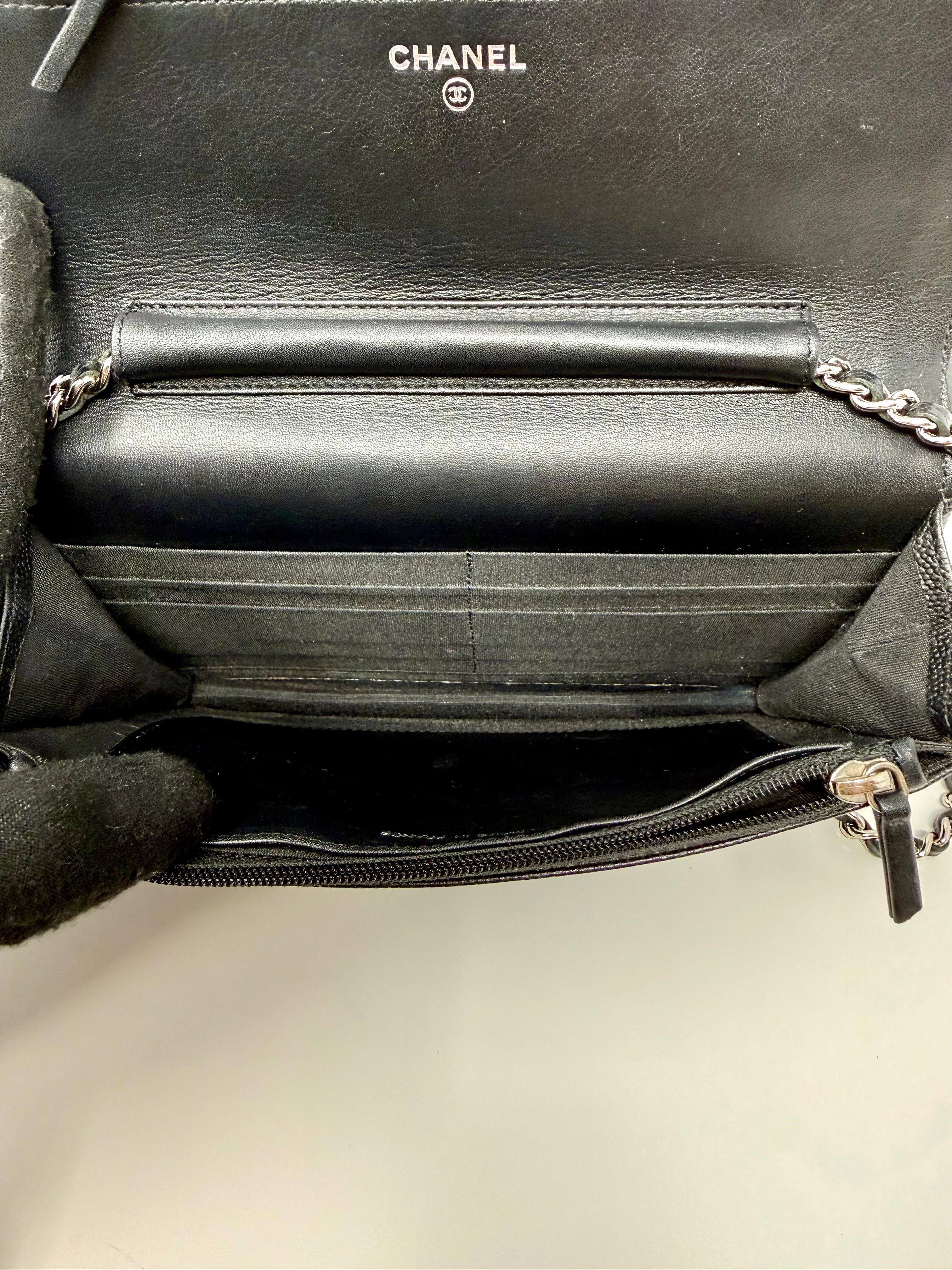 Chanel Sevruga CC Wallet on Chain (WOC) Black Caviar, Silver Hardware - Full Set
