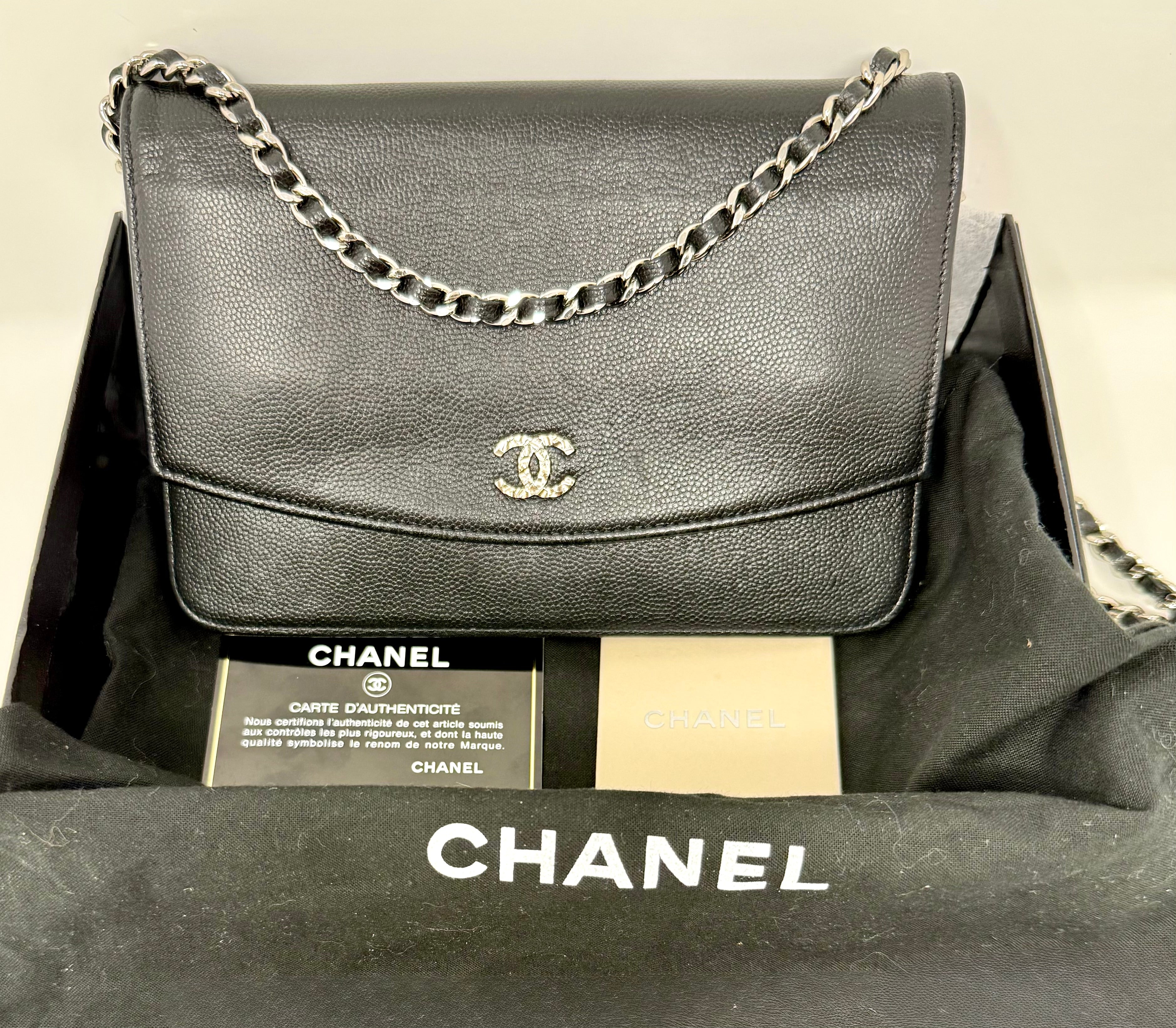 Chanel Sevruga CC Wallet on Chain (WOC) Black Caviar, Silver Hardware - Full Set