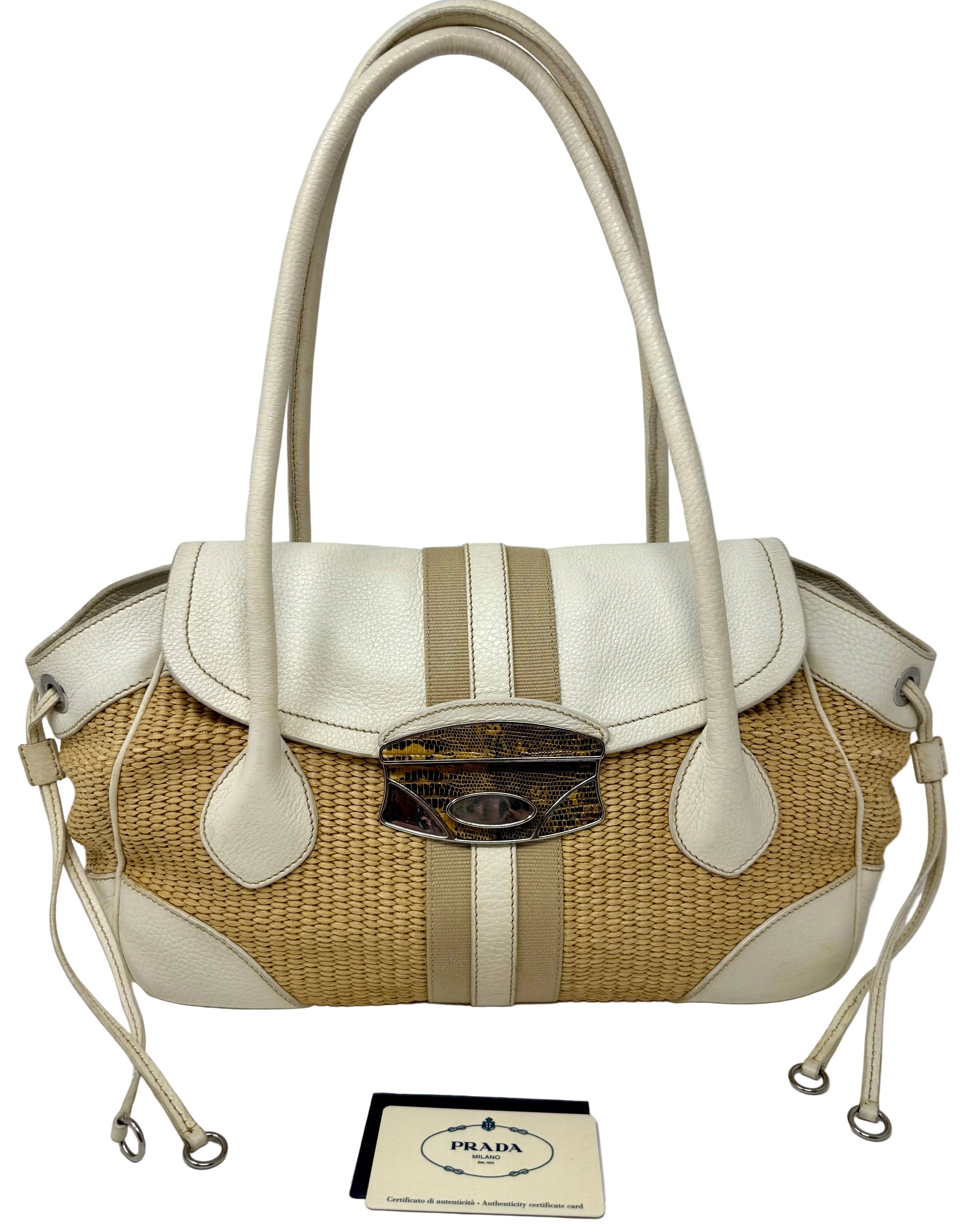 Prada Lucertola-Trimmed Paglia Shoulder Bag | Raffia & Leather | 2005