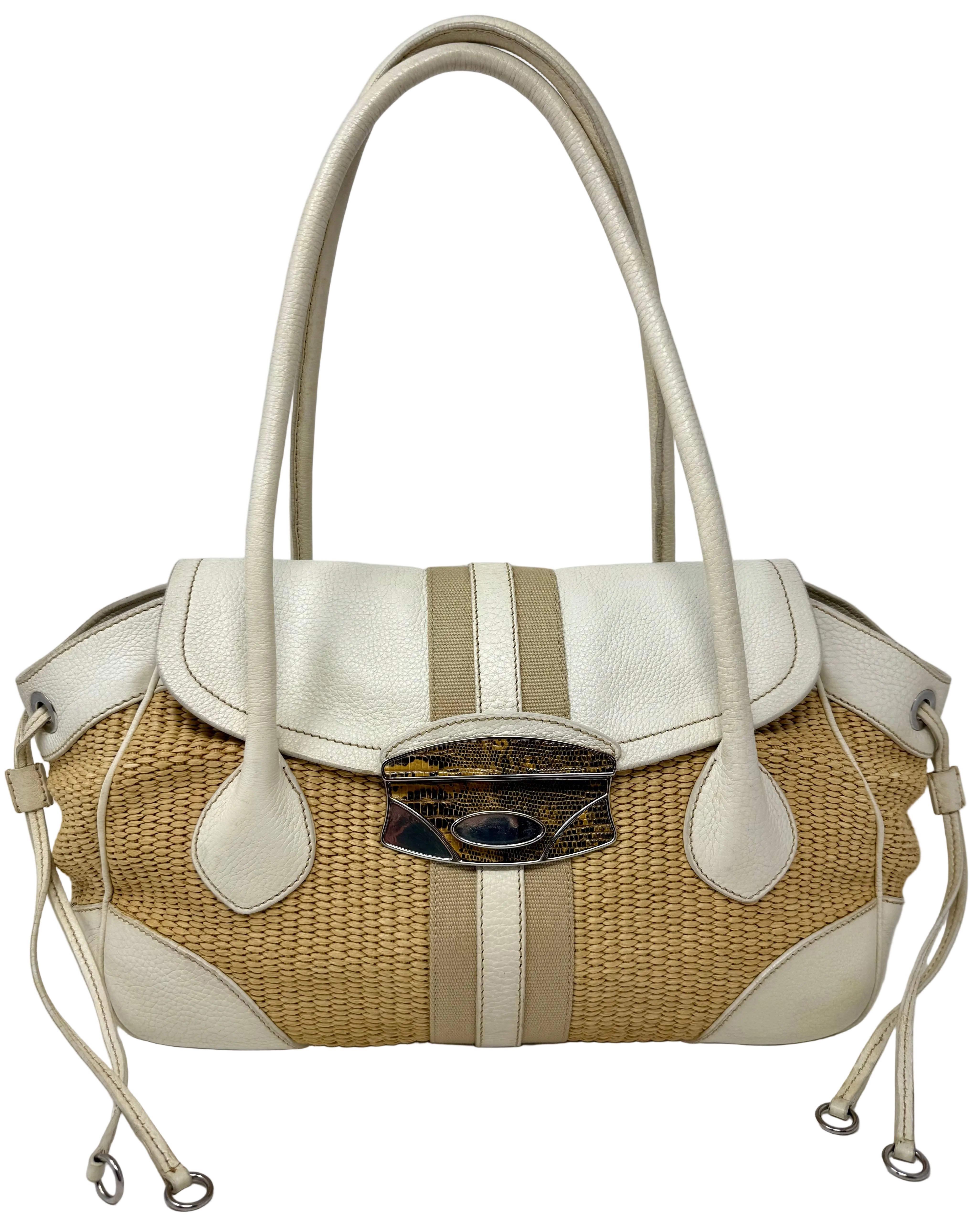Prada Lucertola-Trimmed Paglia Shoulder Bag | Raffia & Leather | 2005