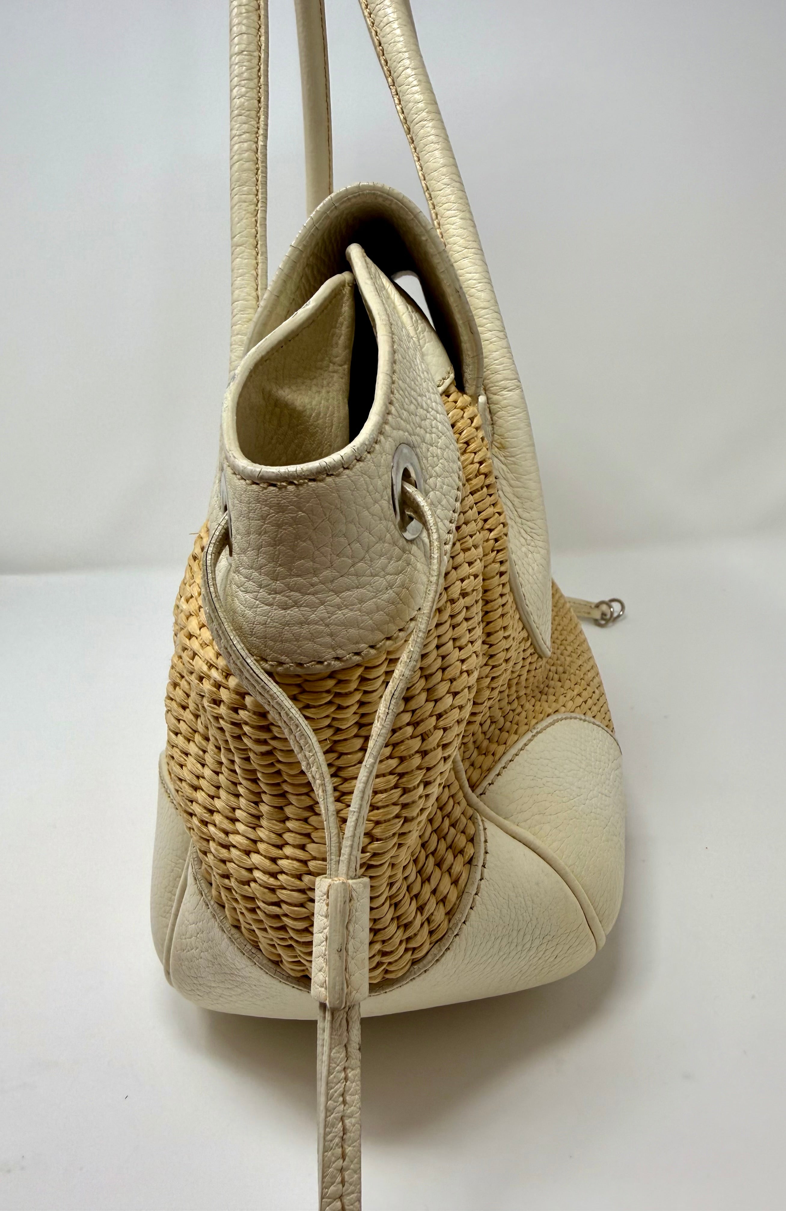 Prada Lucertola-Trimmed Paglia Shoulder Bag | Raffia & Leather | 2005