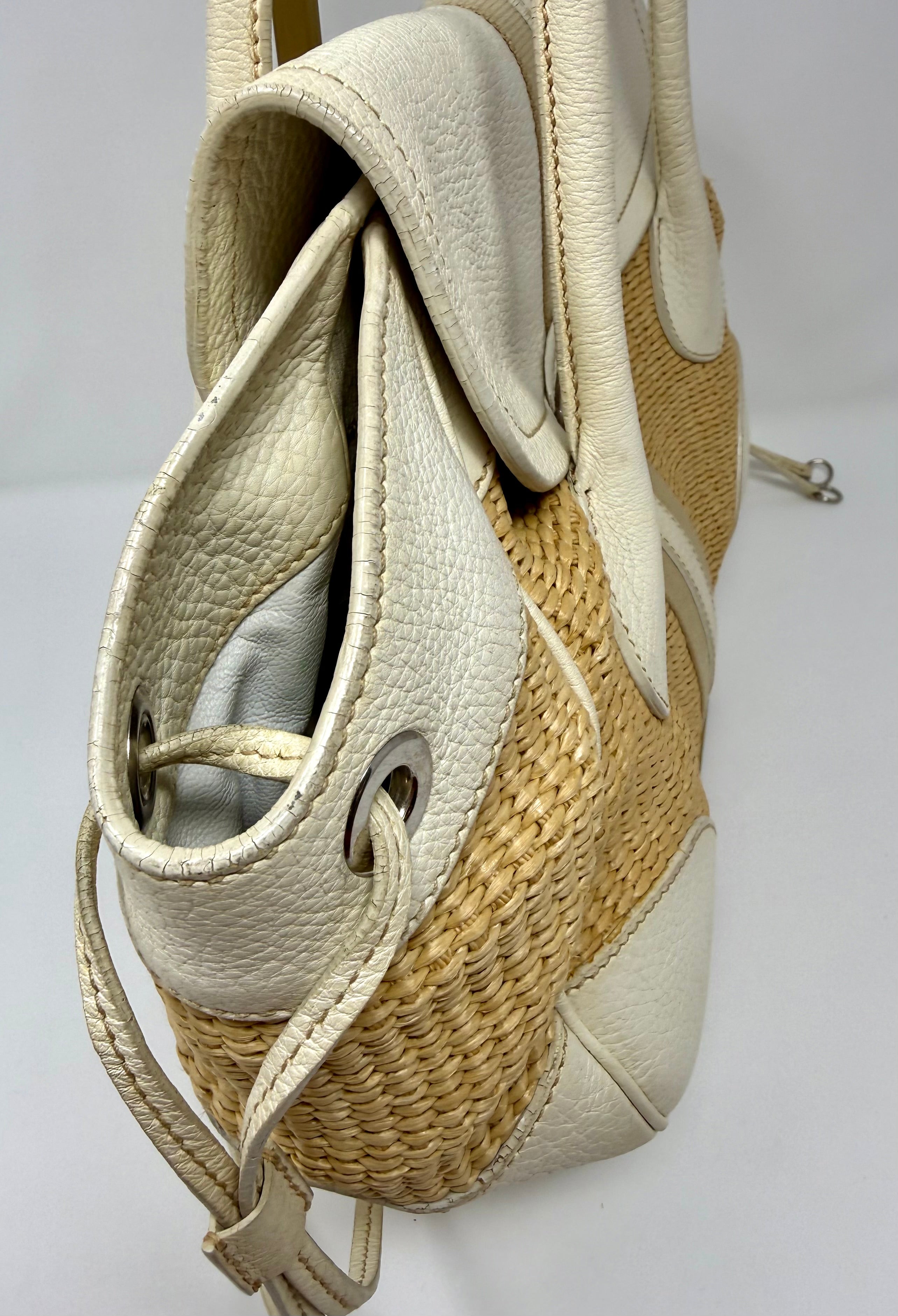 Prada Lucertola-Trimmed Paglia Shoulder Bag | Raffia & Leather | 2005
