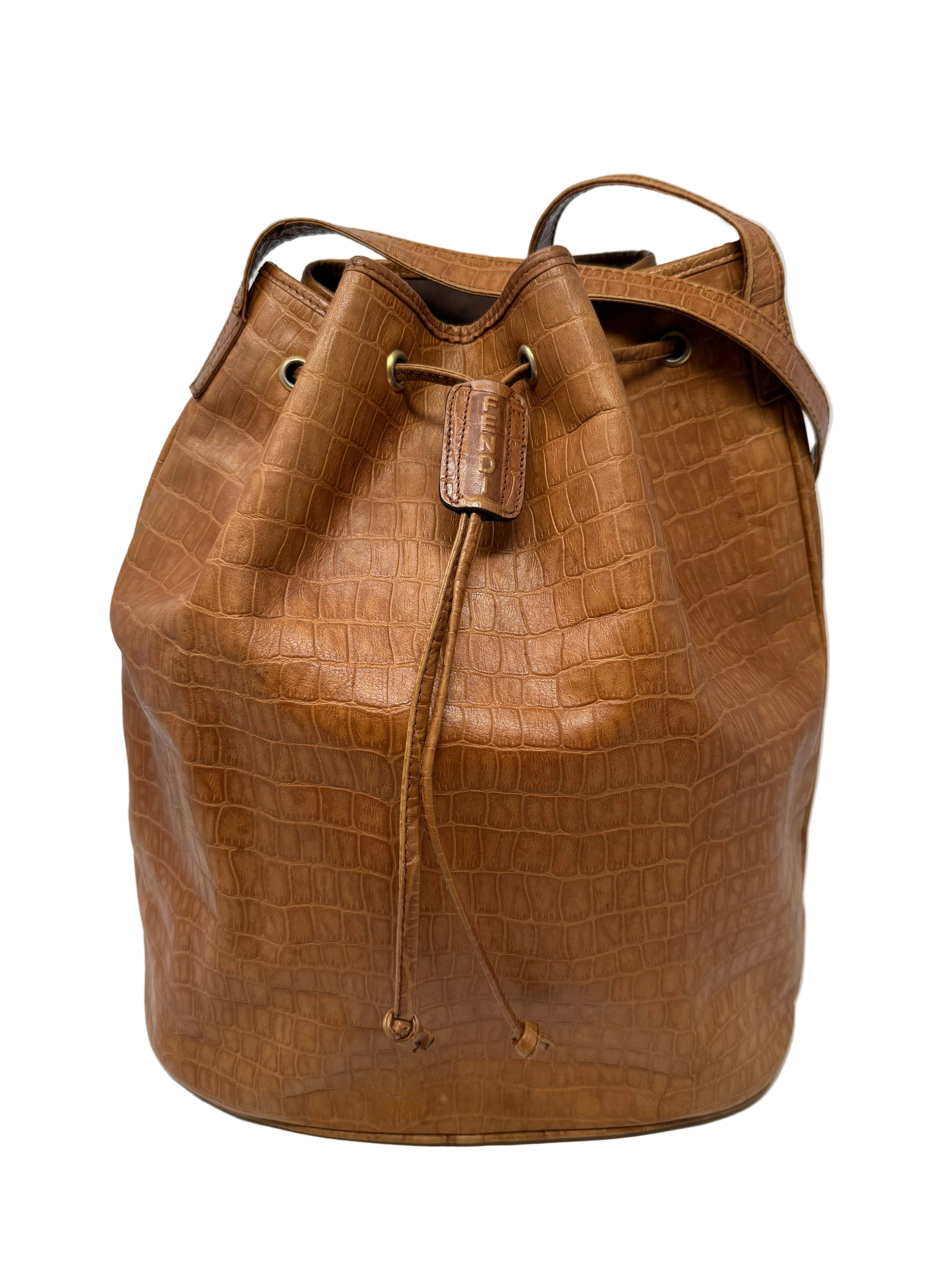 Fendi Rare Croc-Embossed Leather Bucket Bag – Cognac Brown, Vintage
