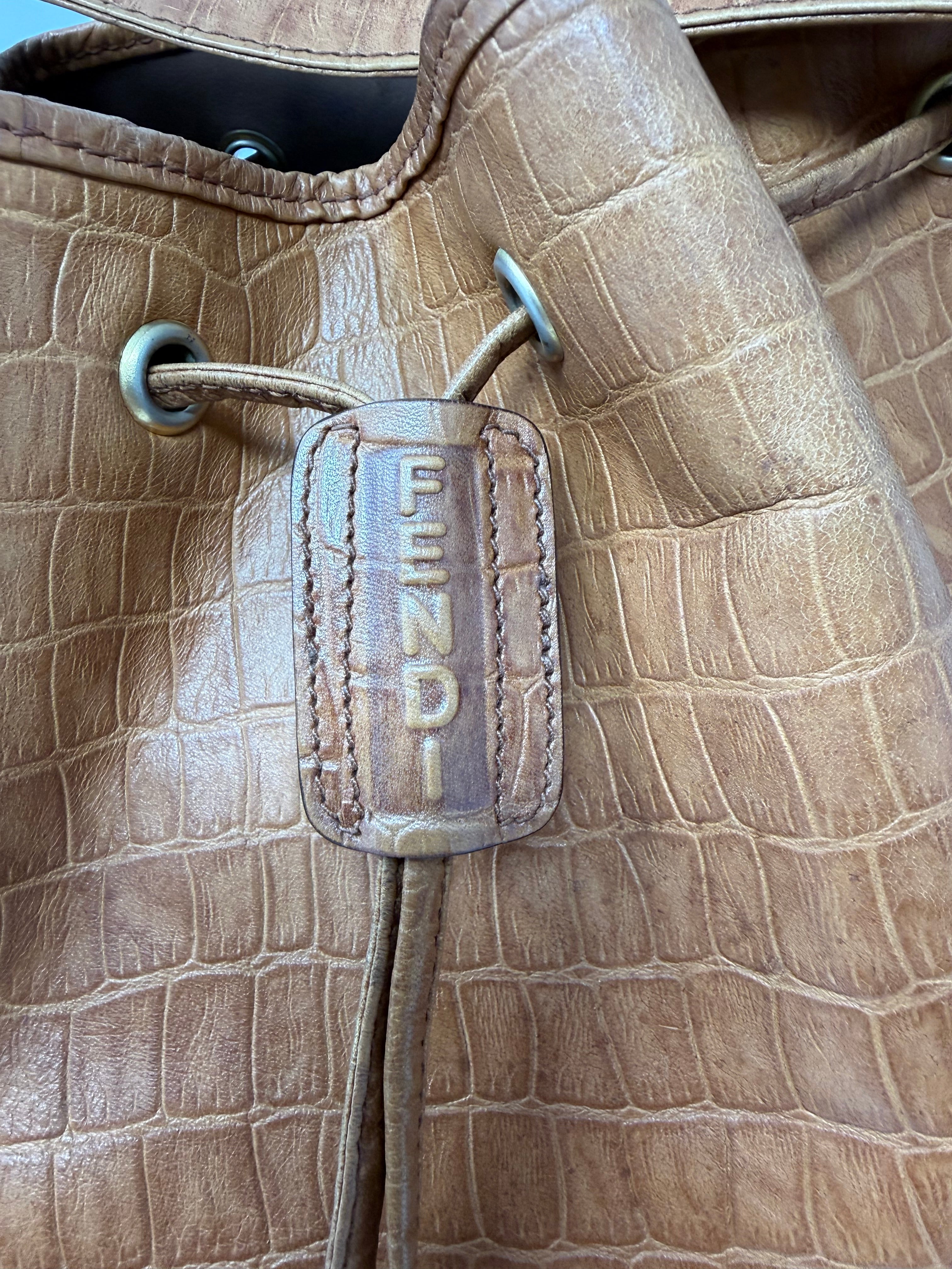 Fendi Rare Croc-Embossed Leather Bucket Bag – Cognac Brown, Vintage