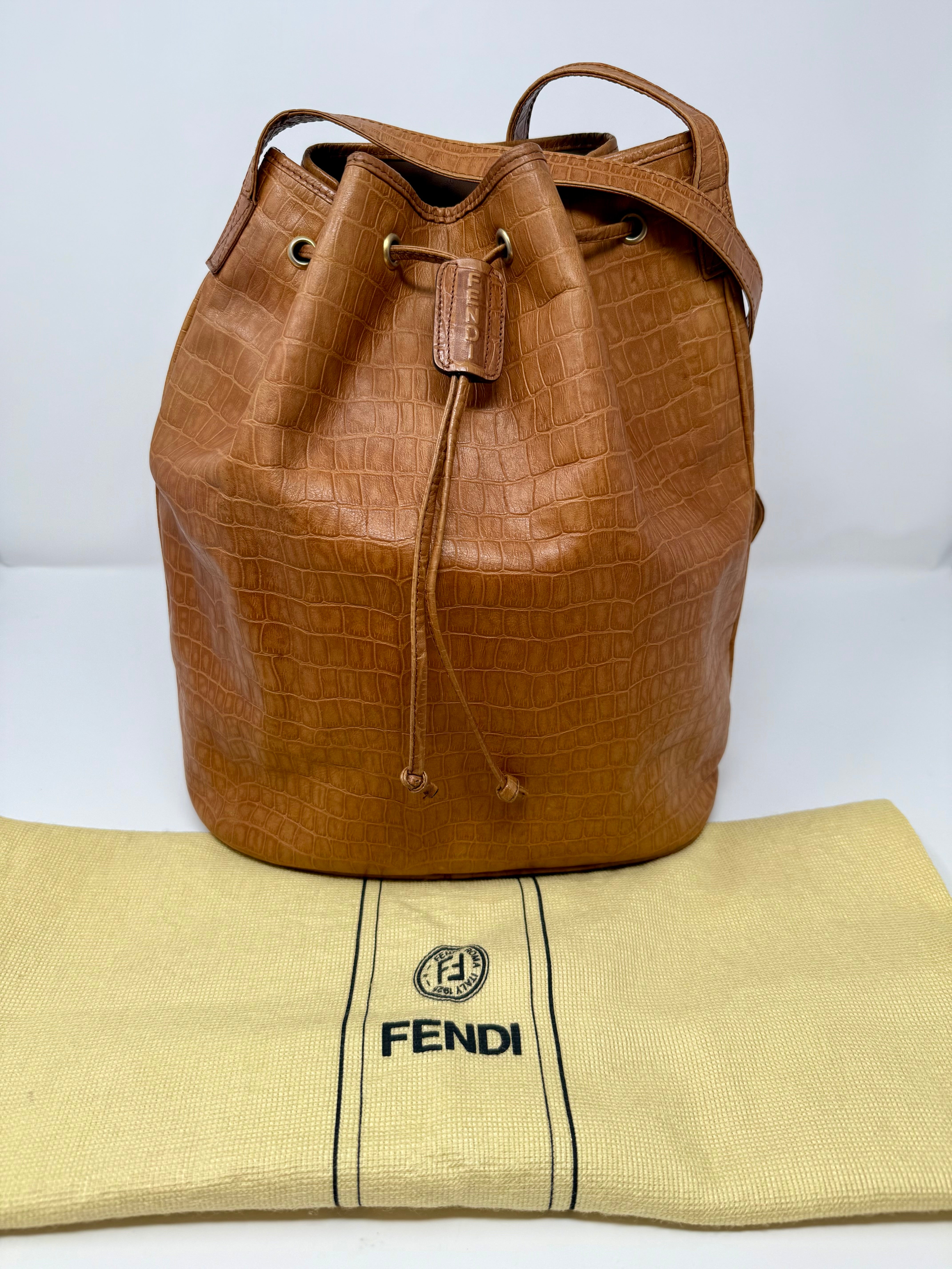 Fendi Rare Croc-Embossed Leather Bucket Bag – Cognac Brown, Vintage