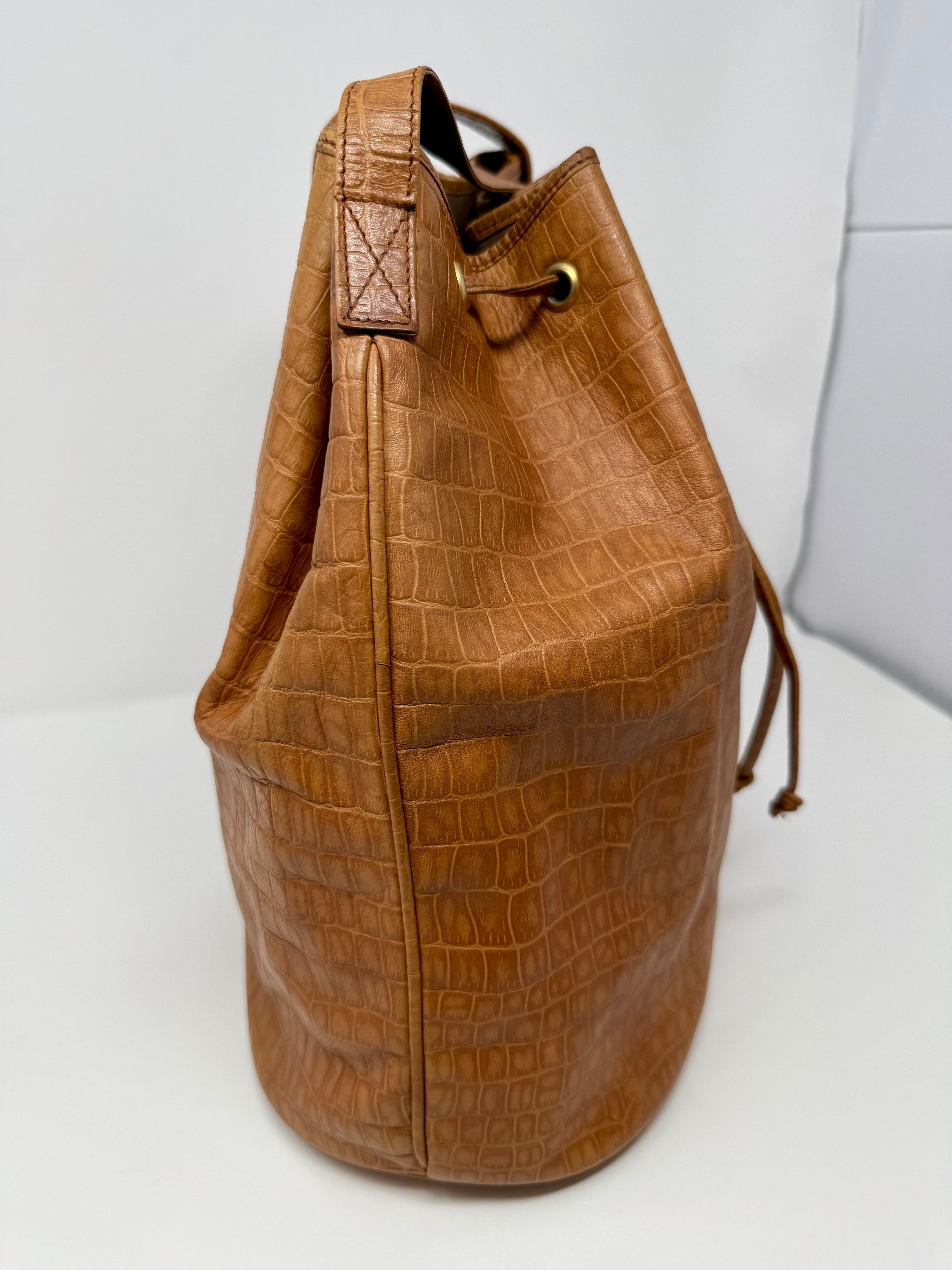 Fendi Rare Croc-Embossed Leather Bucket Bag – Cognac Brown, Vintage