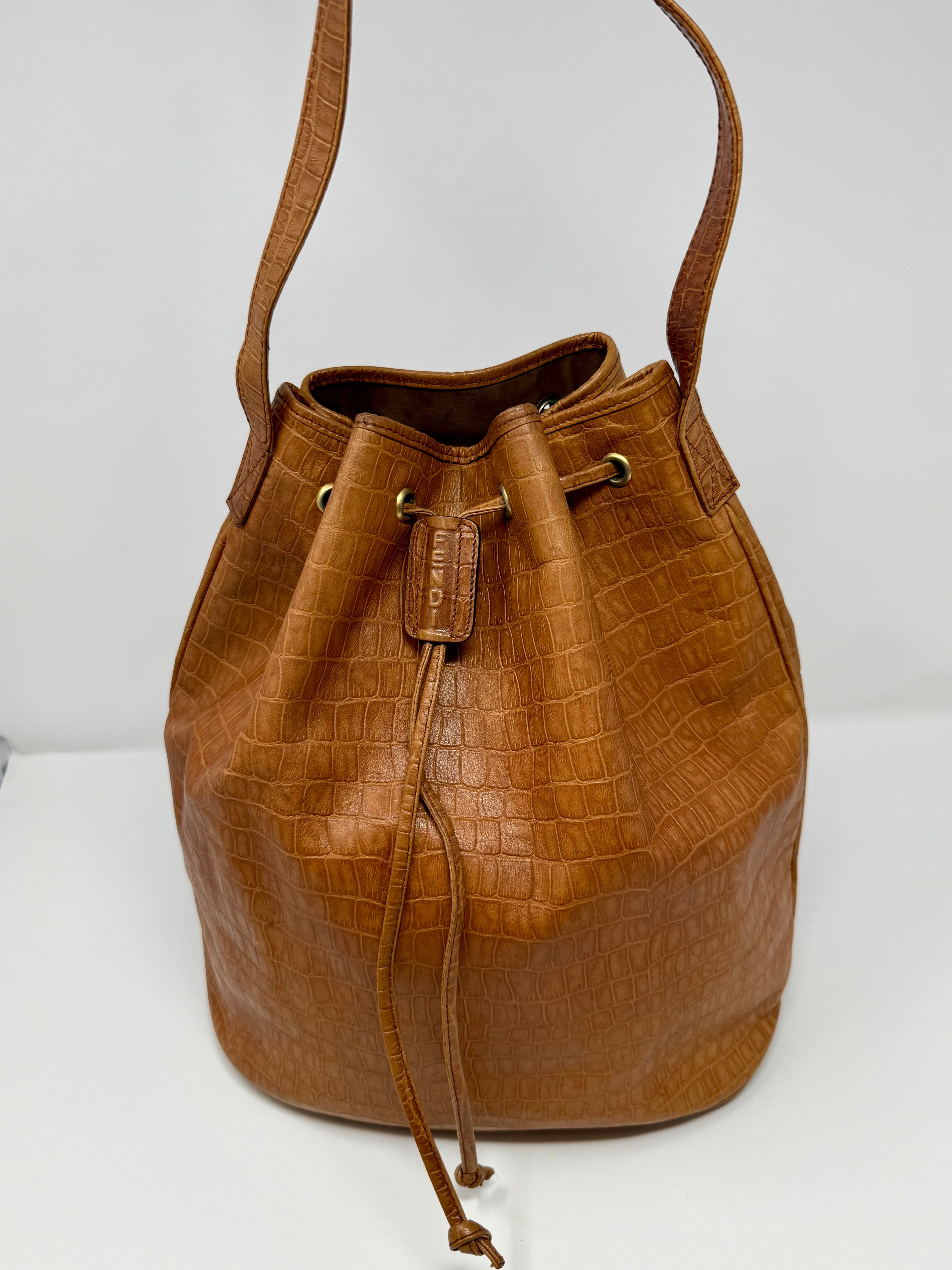 Fendi Rare Croc-Embossed Leather Bucket Bag – Cognac Brown, Vintage
