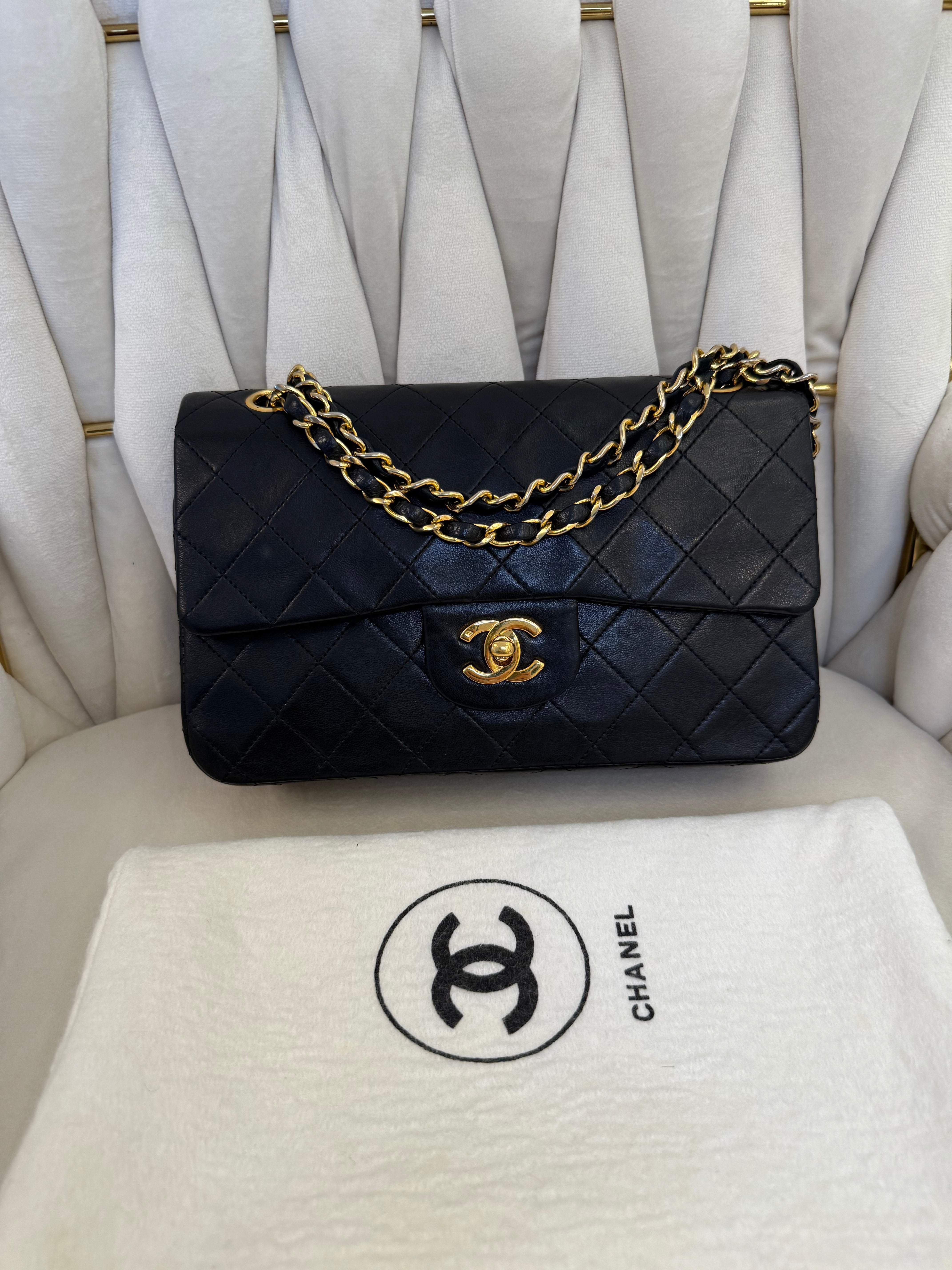 Vintage Chanel Small Classic Double Flap Bag– Black Lambskin with 24K Gold HW
