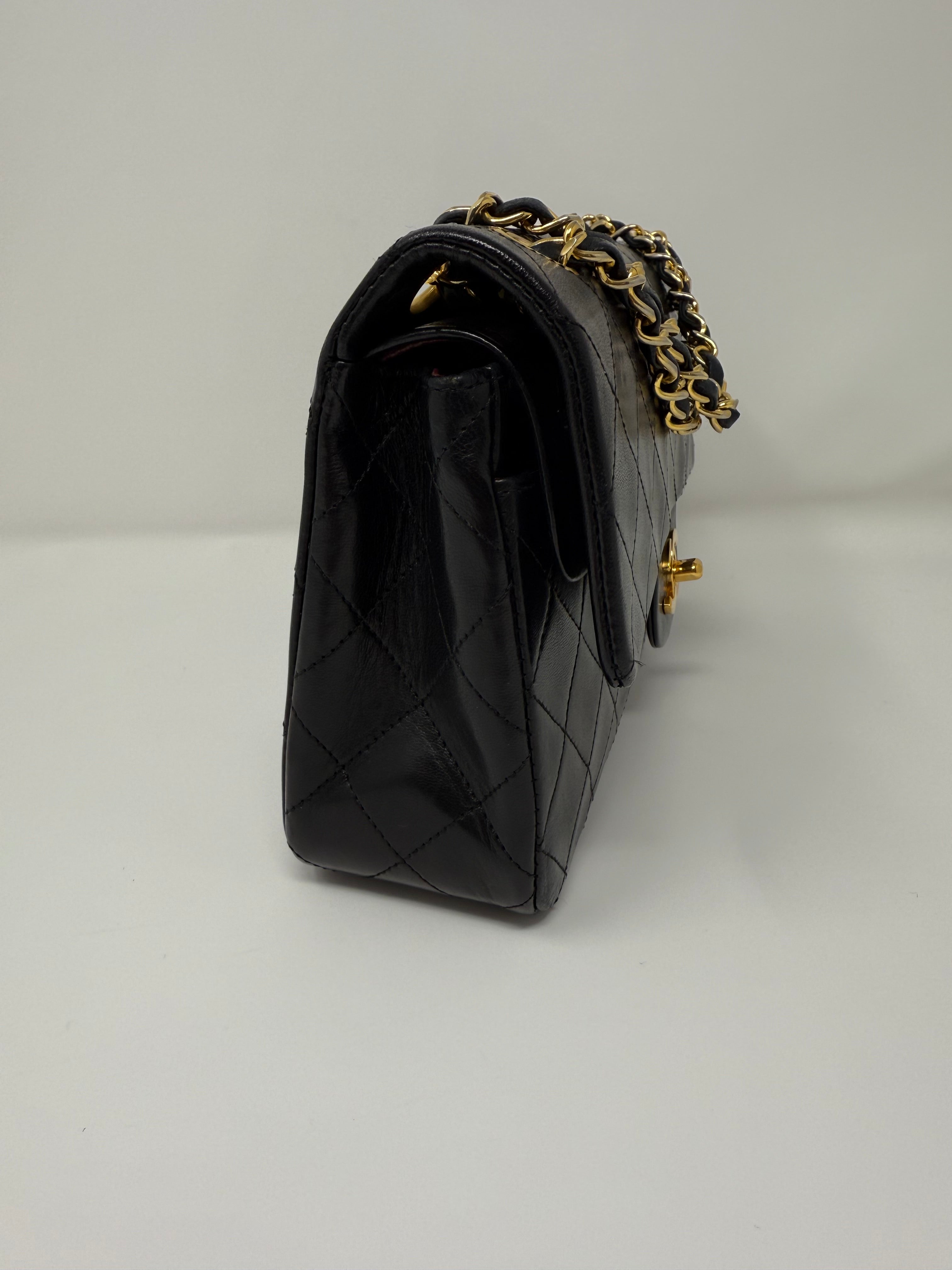 Vintage Chanel Small Classic Double Flap Bag– Black Lambskin with 24K Gold HW