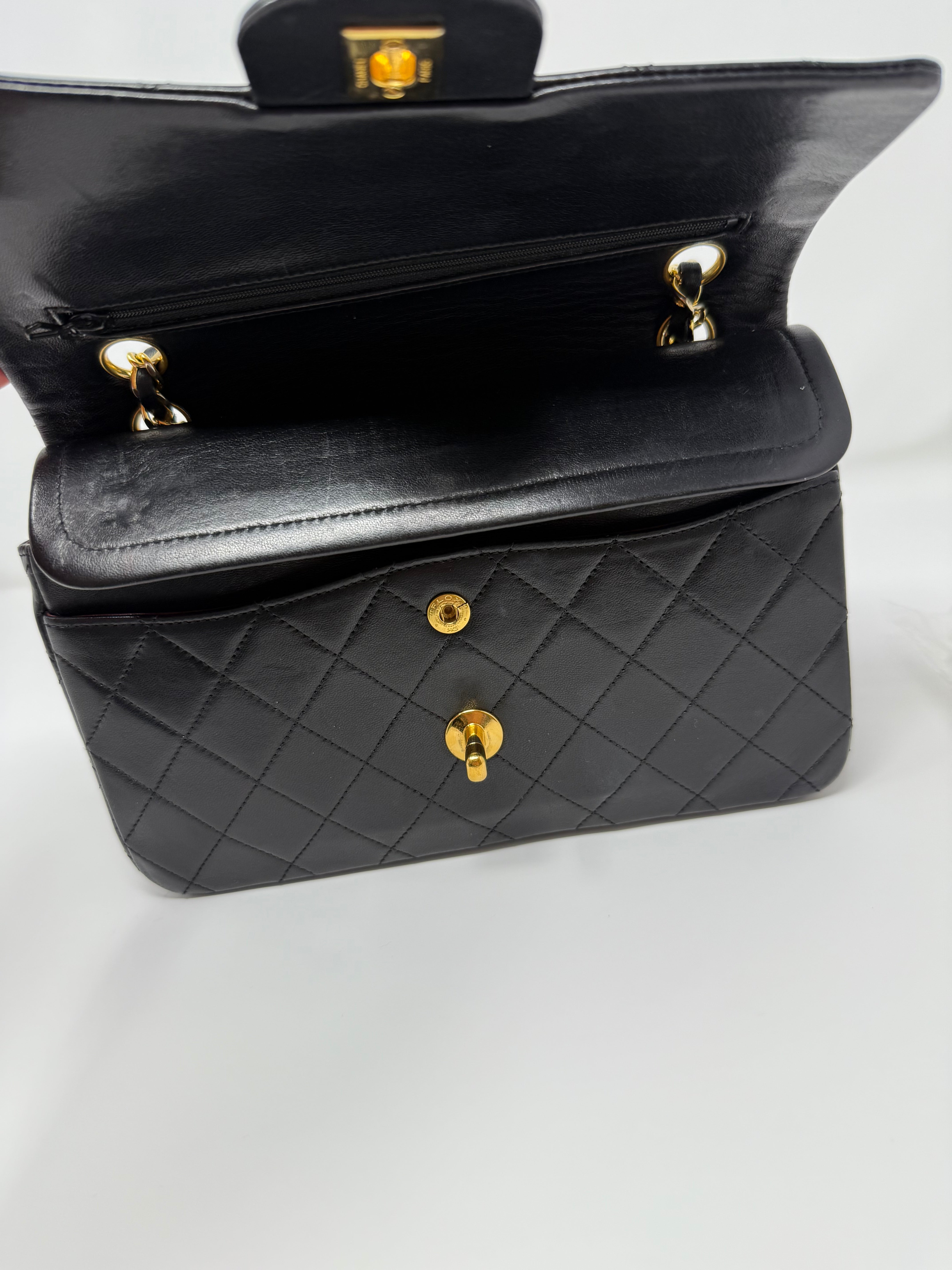 Vintage Chanel Small Classic Double Flap Bag– Black Lambskin with 24K Gold HW