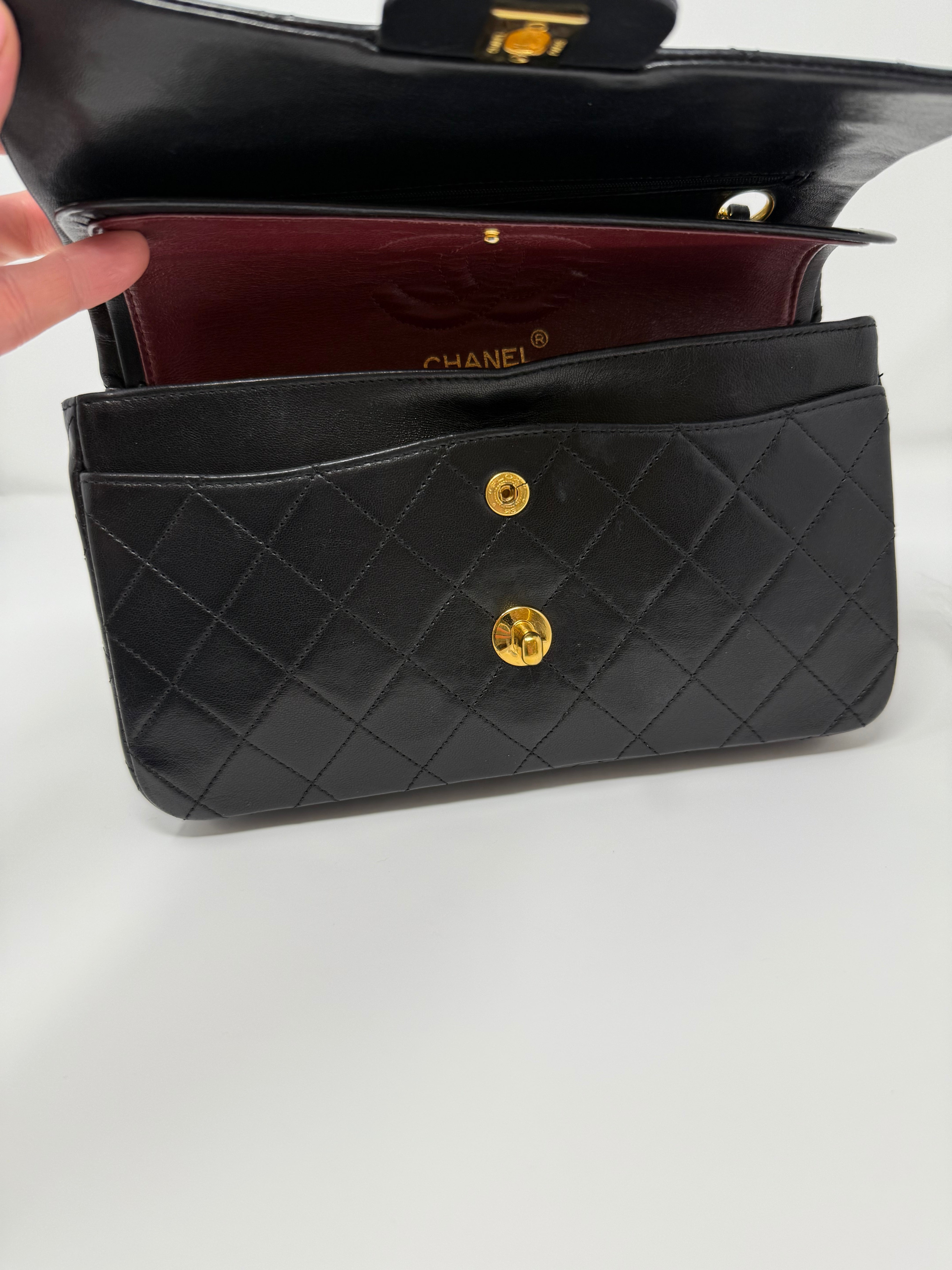 Vintage Chanel Small Classic Double Flap Bag– Black Lambskin with 24K Gold HW