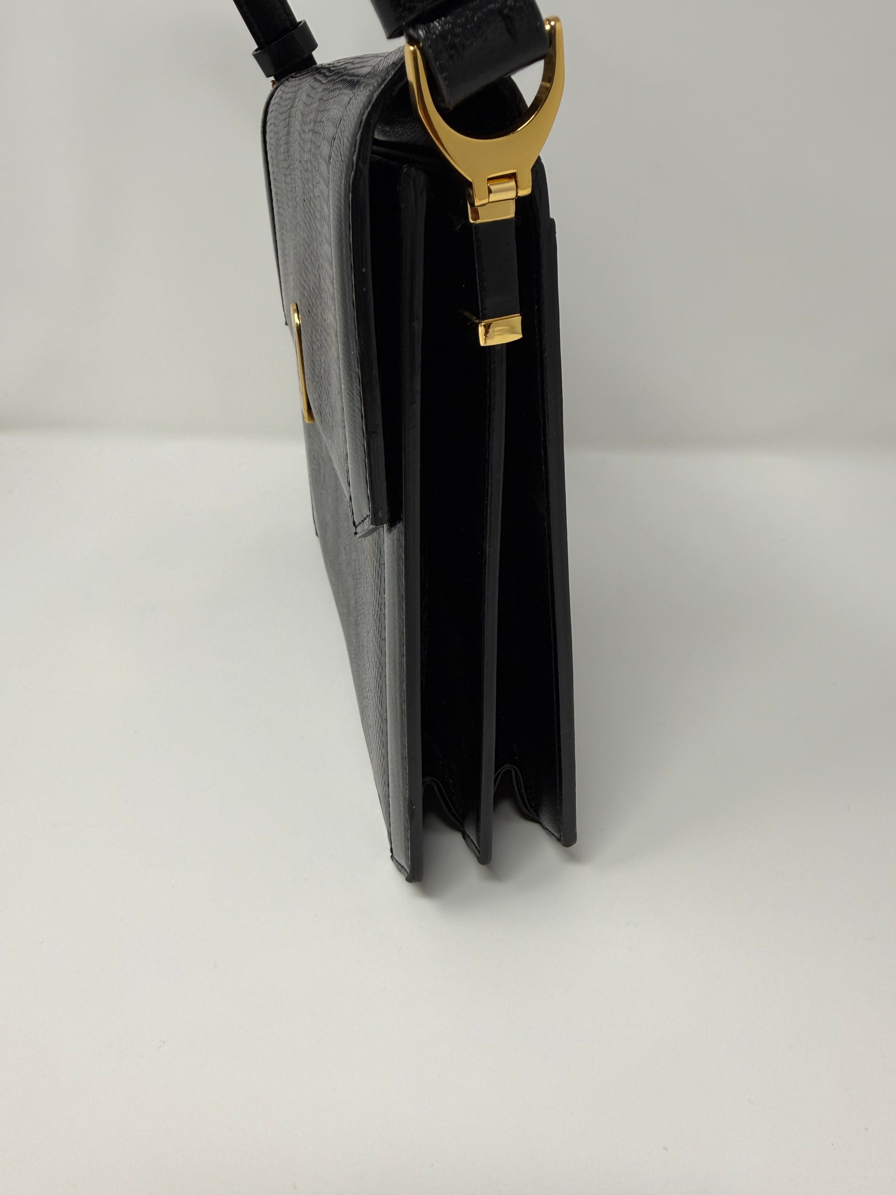 Yves Saint Laurent Vintage Lizard-Embossed Top Handle Bag, Black Leather