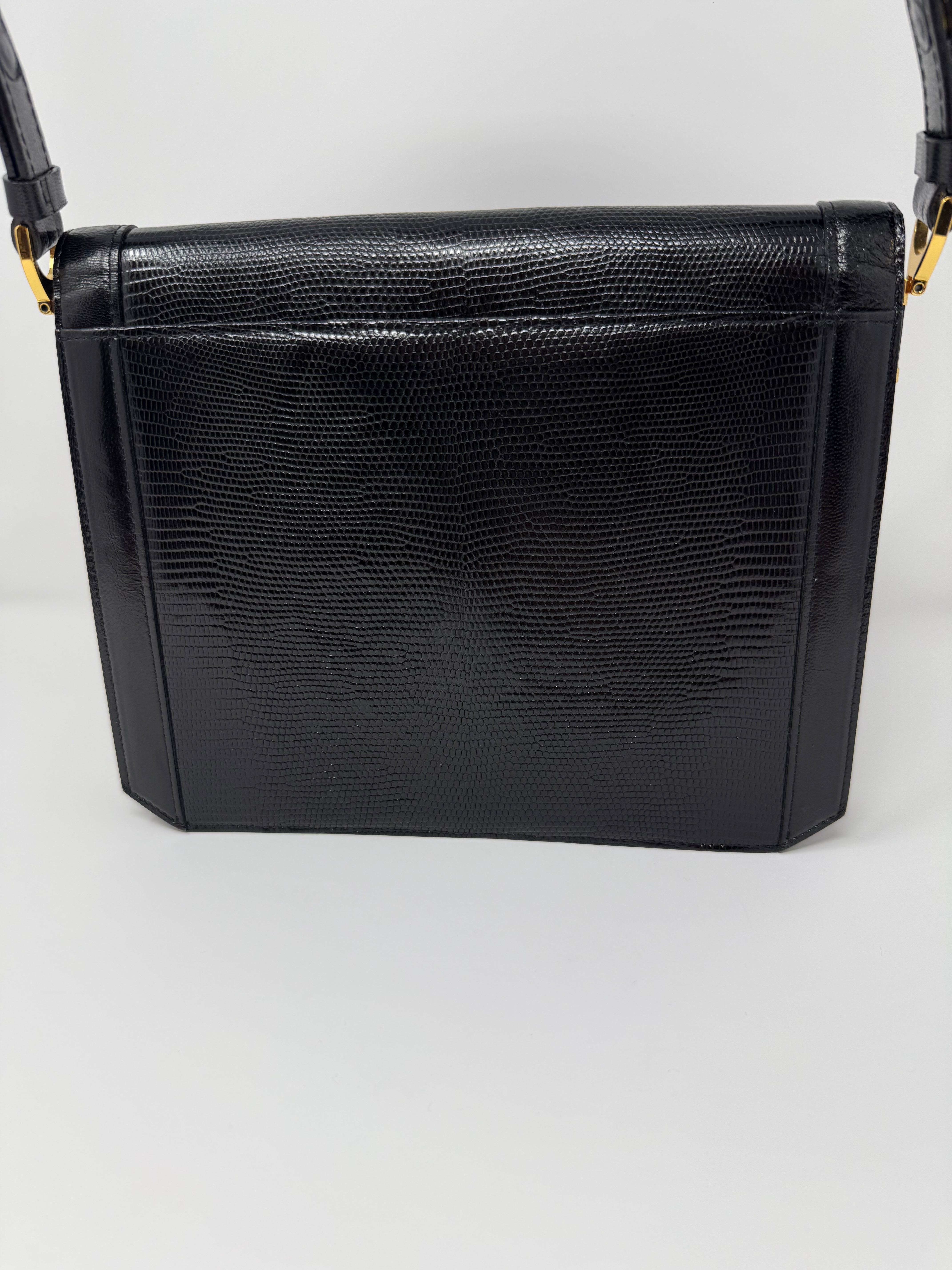 Yves Saint Laurent Vintage Lizard-Embossed Top Handle Bag, Black Leather