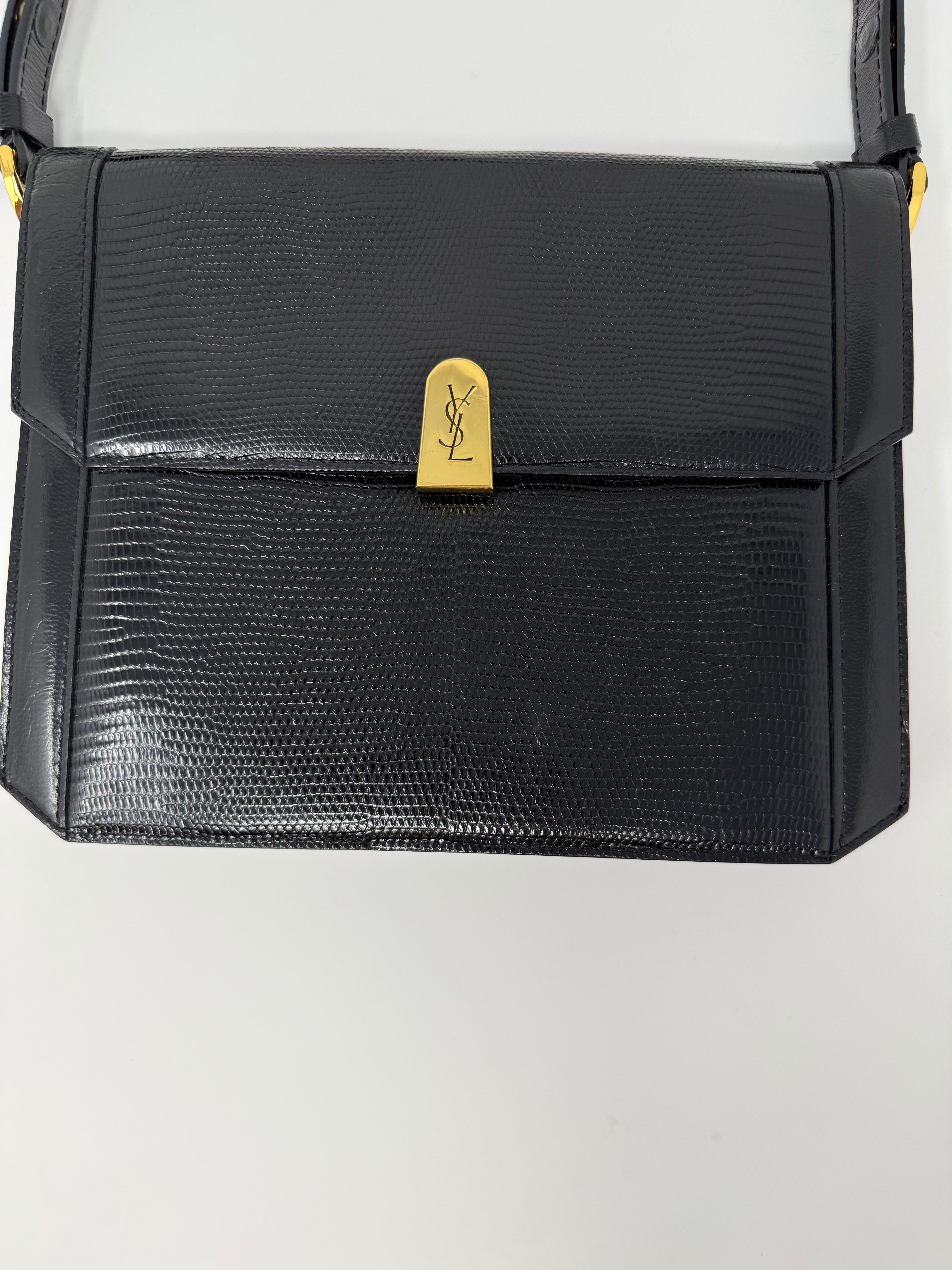 Yves Saint Laurent Vintage Lizard-Embossed Top Handle Bag, Black Leather